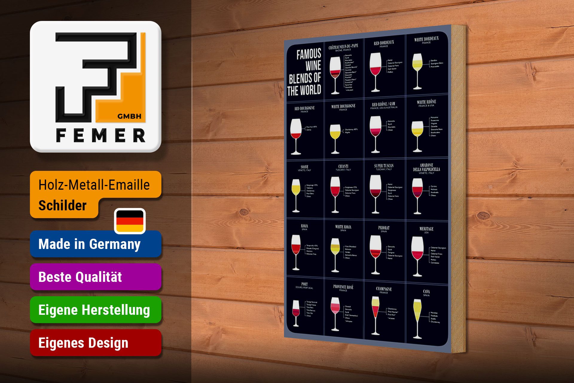 Femer GmbH Holzbild Alkohol 20x30 cm Famous wine blends of the world, (1 St), Glatte Holzfaserplatte (MDF), vorn beschichtet