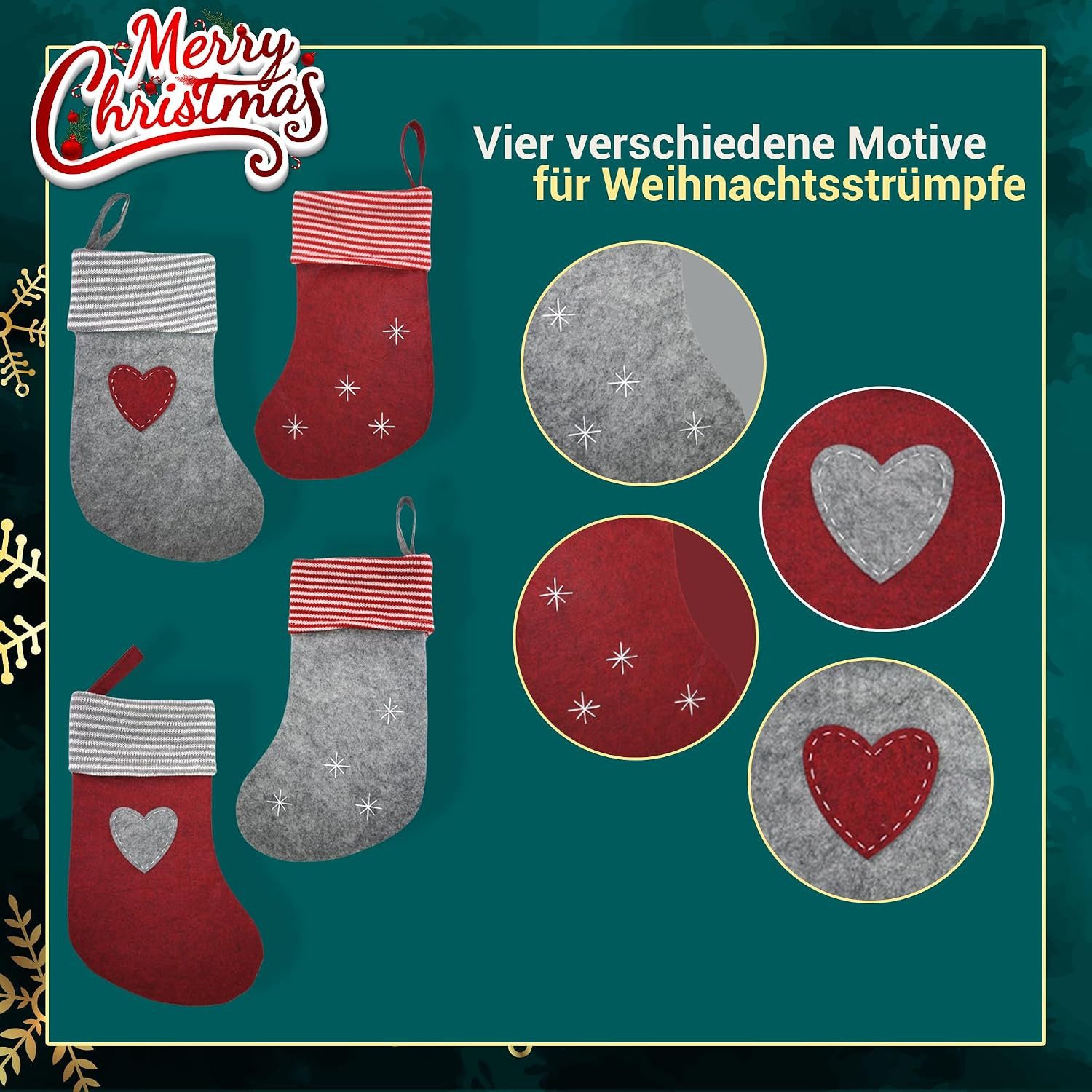 hausleben Dekohänger Weihnachtsstrümpfe (12 St), Nikolausstiefel aus Filz in Rot & Grau - 29cm