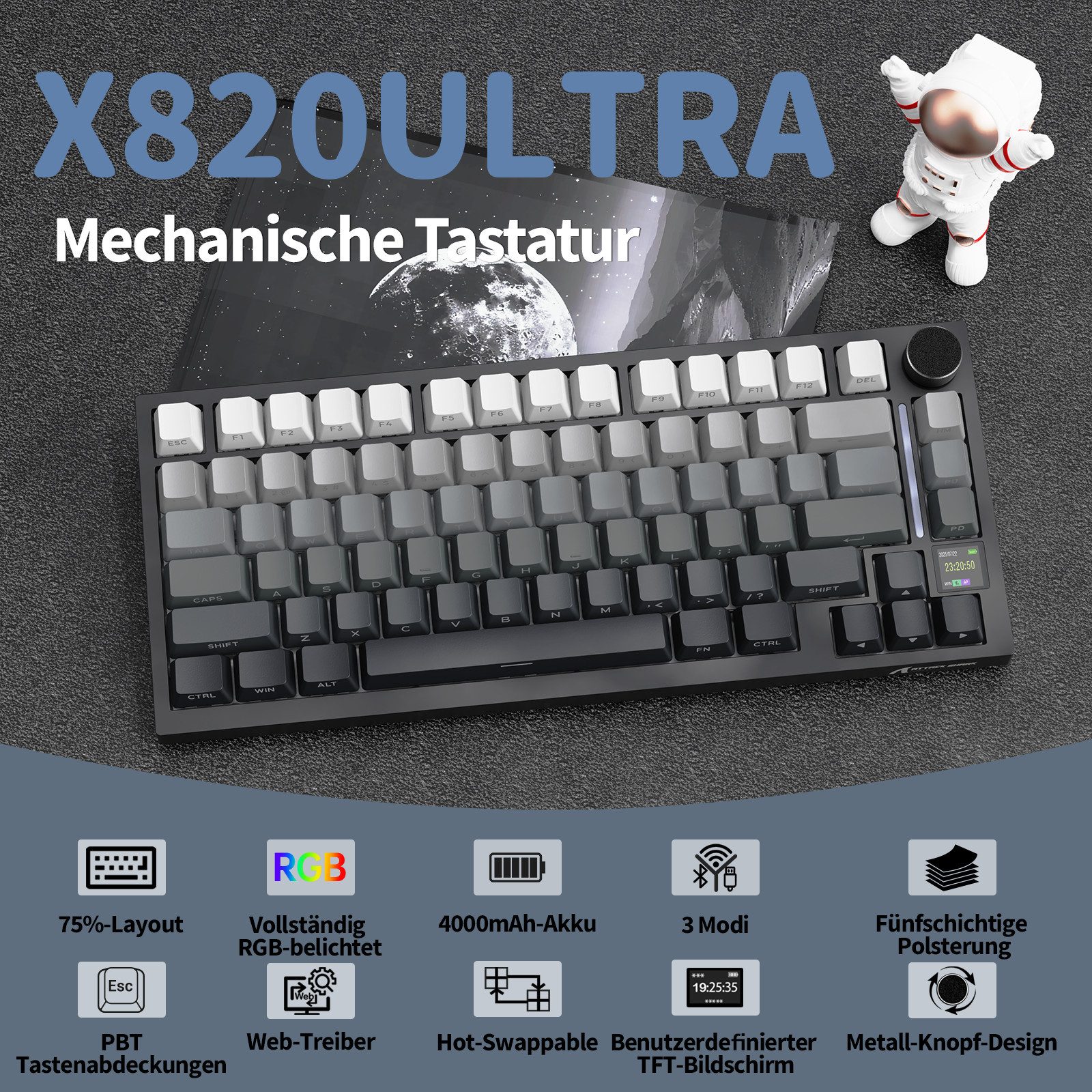 ATTACK SHARK X820 Ultra Mechanische Tastatur mit,75% ANSI-Layout, 2,4 GHz/BT/Wired Gaming-Tastatur (Gasket,TFT-Bildschirm und Knopf,5 Sound-Absorbing Foams,Hot- – Bild 2 von 5