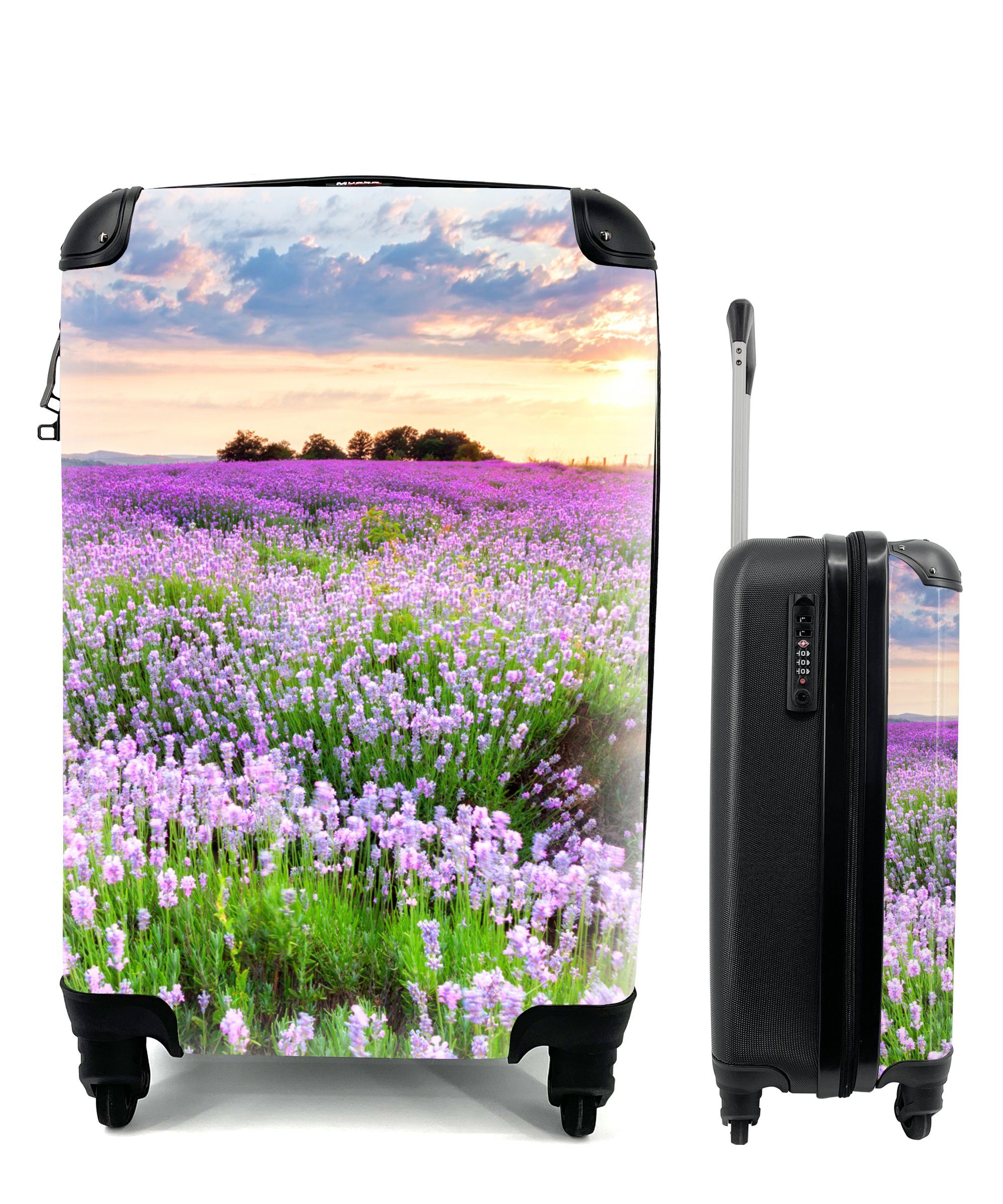 - Handgepäckkoffer mit Blumen Reisekoffer 4 Sonnenuntergang - - Trolley, Rollen, MuchoWow - rollen, Wiese, für Ferien, Lila Reisetasche Lavendel Handgepäck