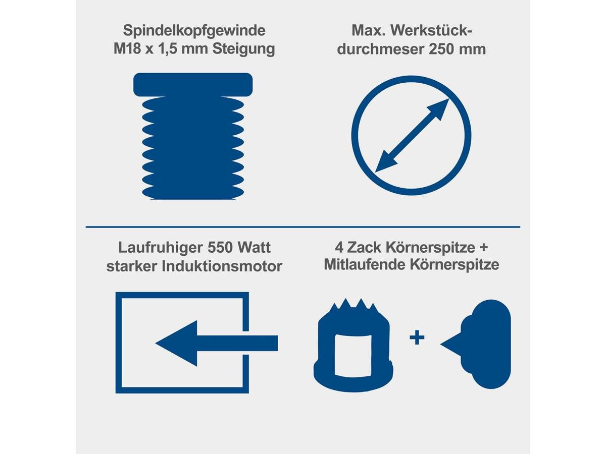 Scheppach Drechselbank DM600 VARIO, (Set, 5-tlg), Inkl. Ø 80 mm Planscheibe u. Werkzeugauflage (justierb. Auflagefläche)