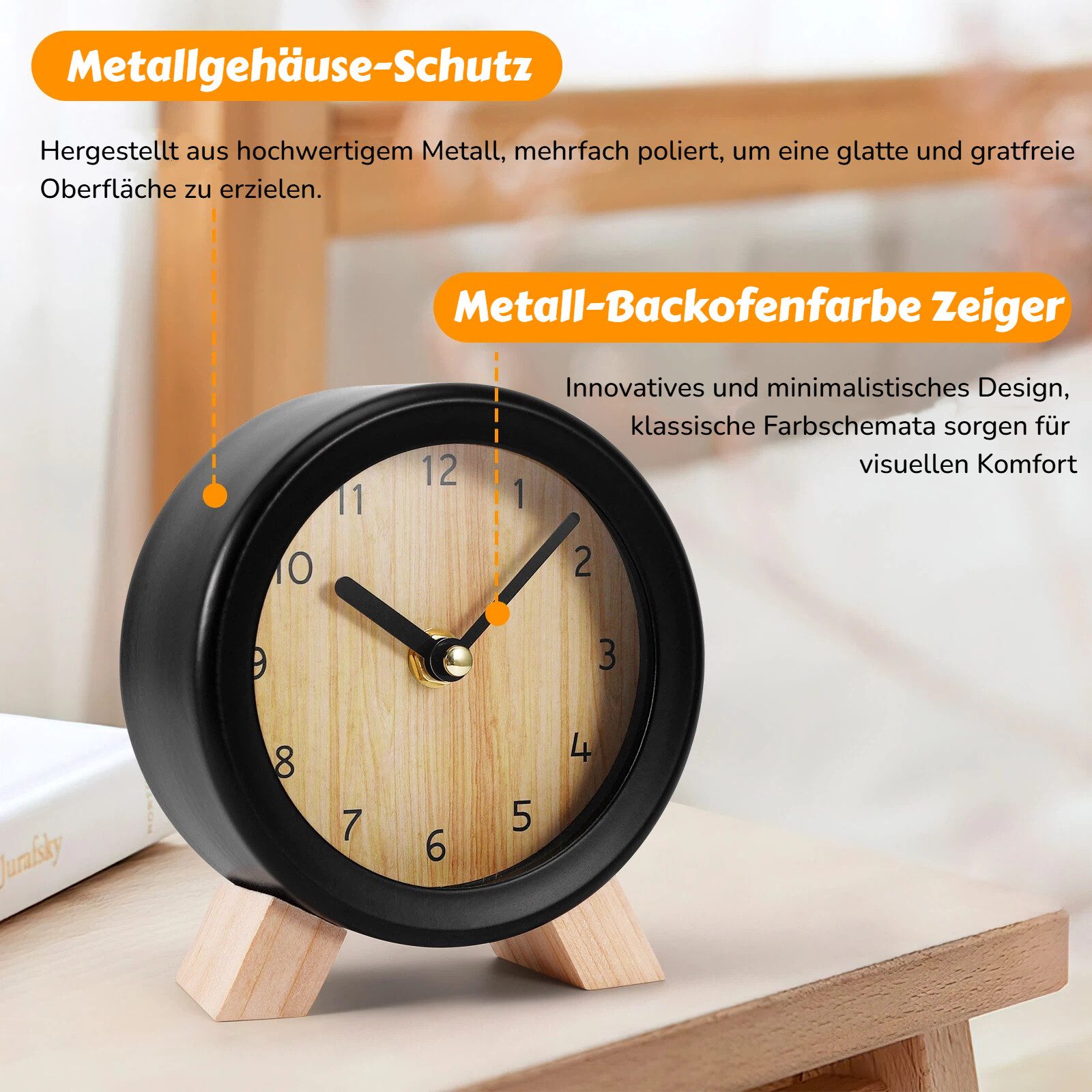 BlingBin Standuhr Analog Tischuhr Rund Aus Holz und Metall - 12,5 x 5,2 x 14cm (1er Set, 1-St., 1 Stück), Deko Tisch Uhr Ohne Ticken mit Holz Ziffernblatt für Schlafzimmer