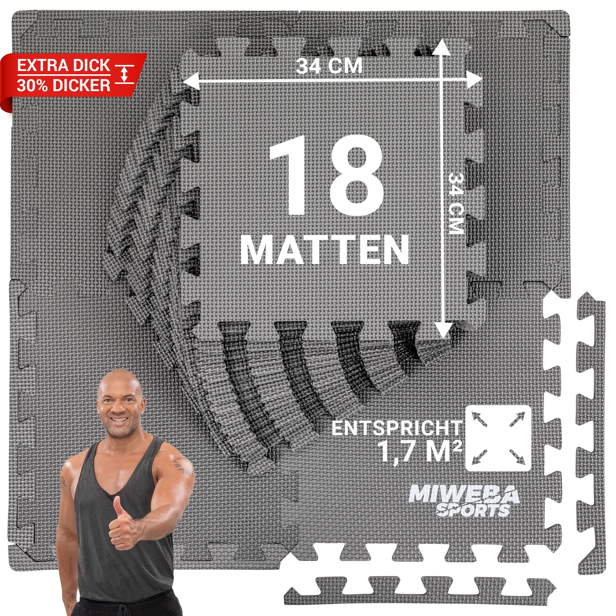 Miweba Sports Bodenschutzmatte BS100 - BS50 Puzzlematte - Premium Trainingsmatte für Fitnessgeräte, Turnmatte, Sportmatte, 18-St., Bodenschutzmatte, Schutzmatte Fitnessmatte - 2 Farben - quadratisch