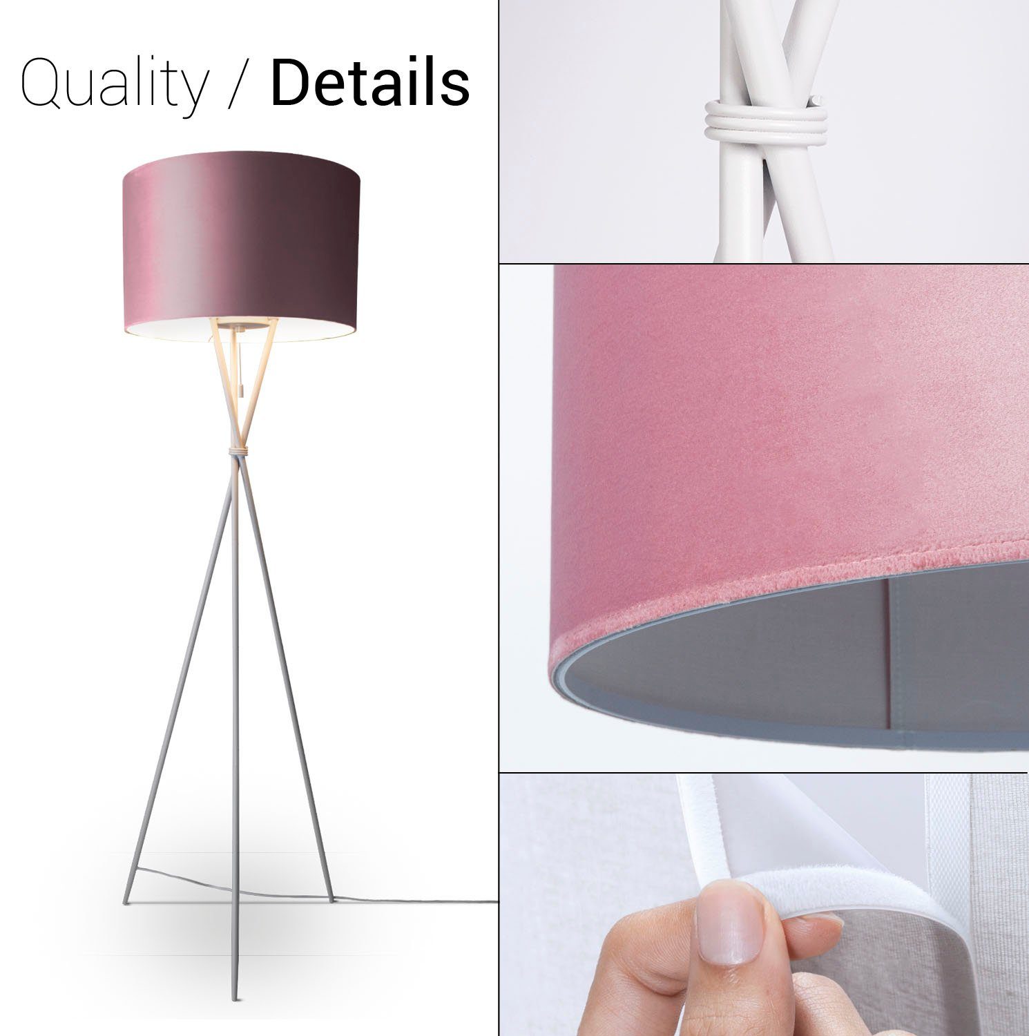 Paco Home Standleuchte Dreibein Höhe ohne Leuchtmittel, Kate Wohnzimmer Velour Color, E27 pink Filigran 177,5cm uni Stehlampe