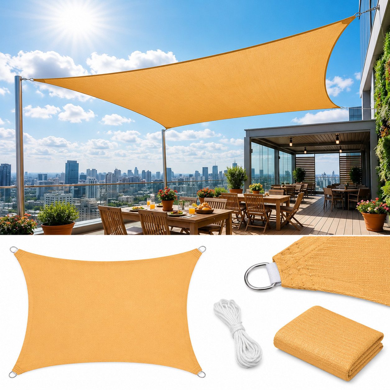 Sunicol Sonnensegel Wasserdicht Sonnenschutz, 95% UV-Schutz, Windschutz HDPE Gewebe, Atmungsaktiv, Robust & Stabil für Außenbereich Garten Balkon Terrasse