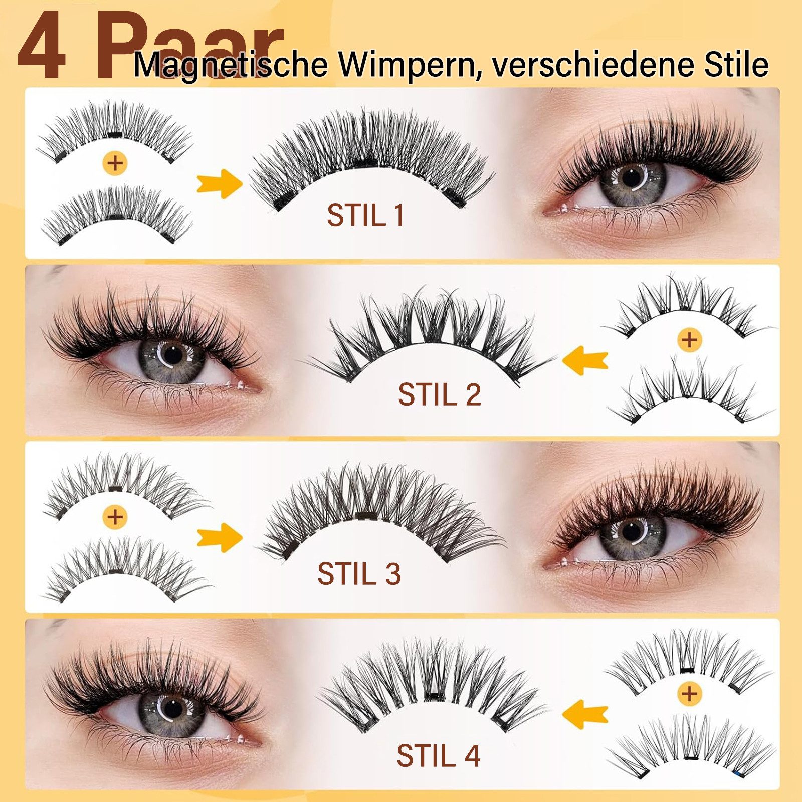MOPUEA Magnetwimpern Magnetische Wimpern 4 Paar Ohne Kleber Wiederverwendbar mit Spiegelbox, Magnetische Wimpern mit Applikator und Spiegelbox, 4 tlg., Leicht wiederverwendbar und ideal für Anfänger geeignet