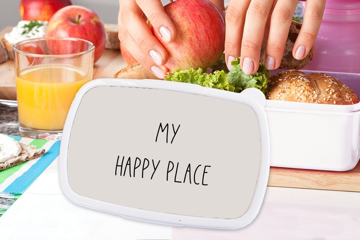 Brotdose, MuchoWow Mein für Jungs Text Kunststoff, Glück, Zitate und glücklicher Erwachsene, Kinder weiß - für - Mädchen Brotbox Ort - und (2-tlg), Lunchbox