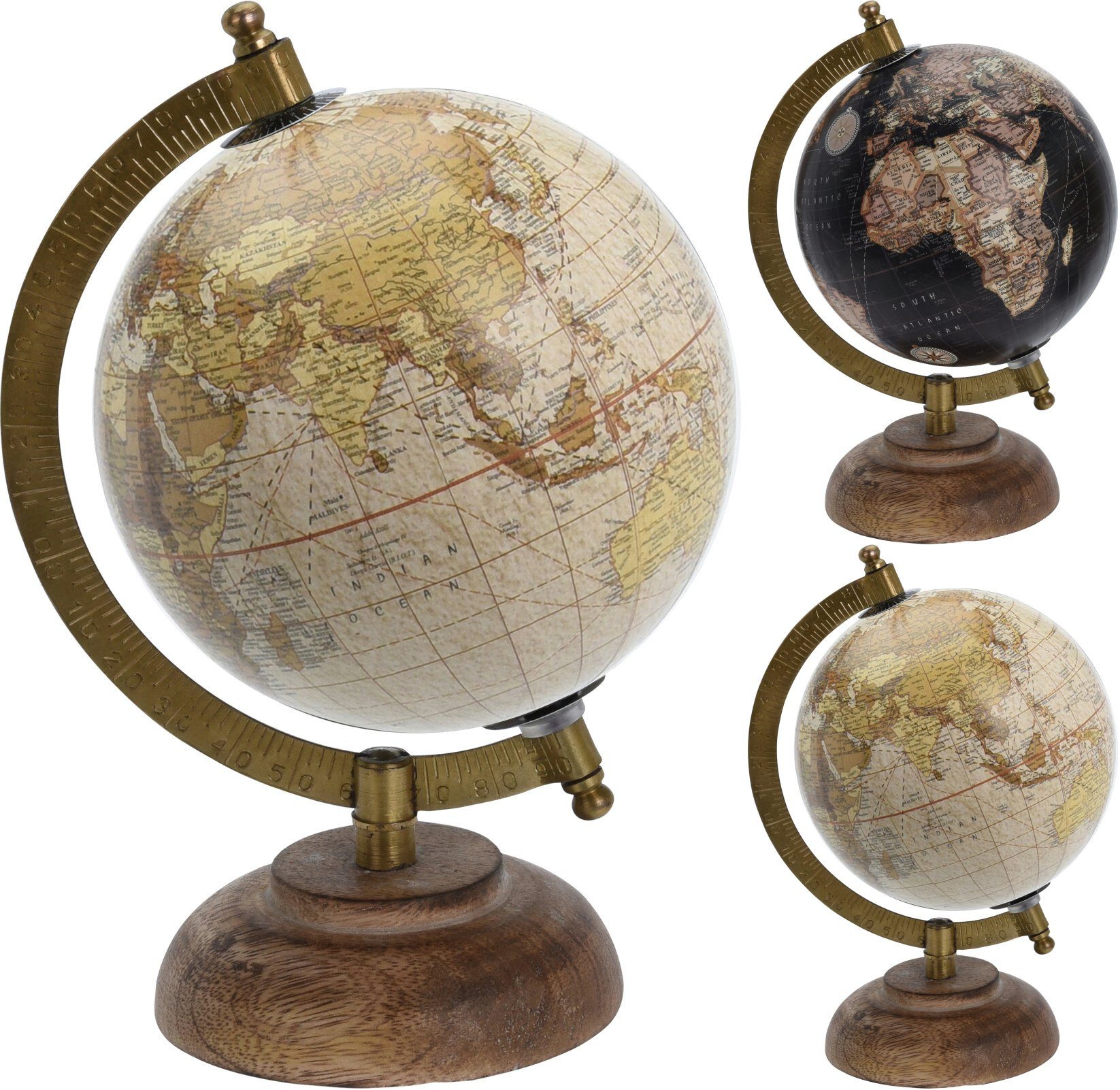 Koopman Globus Tischglobus 19 cm Hoch Weltkarte Holzfuß Metallring Ø 13 cm, (1-tlg), Dekorativ, Erdball, 1:68.000.000 Maßstab