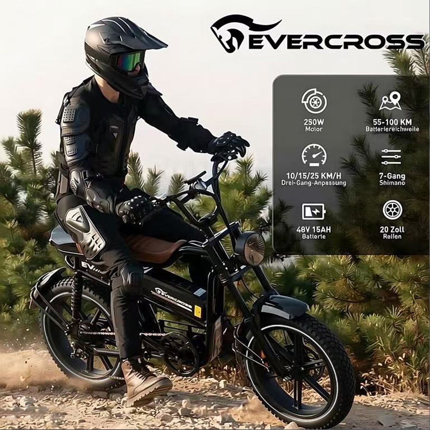 EVERCROSS TECH E-Bike EK30 20” x 4,0 fette Reifen MTB, 48V 15AH Removable Battery, NFC, 7 Gang, Heckmotor, 720 Wh, bis 55-100km, 7 Gang Shimano, Kettenschaltung, Heckmotor