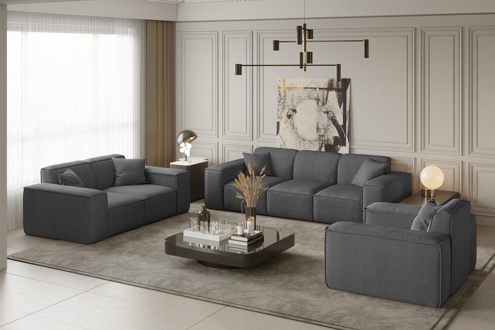 Beautysofa Polstergarnitur Lugano, (aus Cordstoff oder Velourstoff, bestehend aus 3-Sitzer + 2-Sitzer + Sessel), Set im modernes Stil, mit Wellenfedern, breite Armlehnen