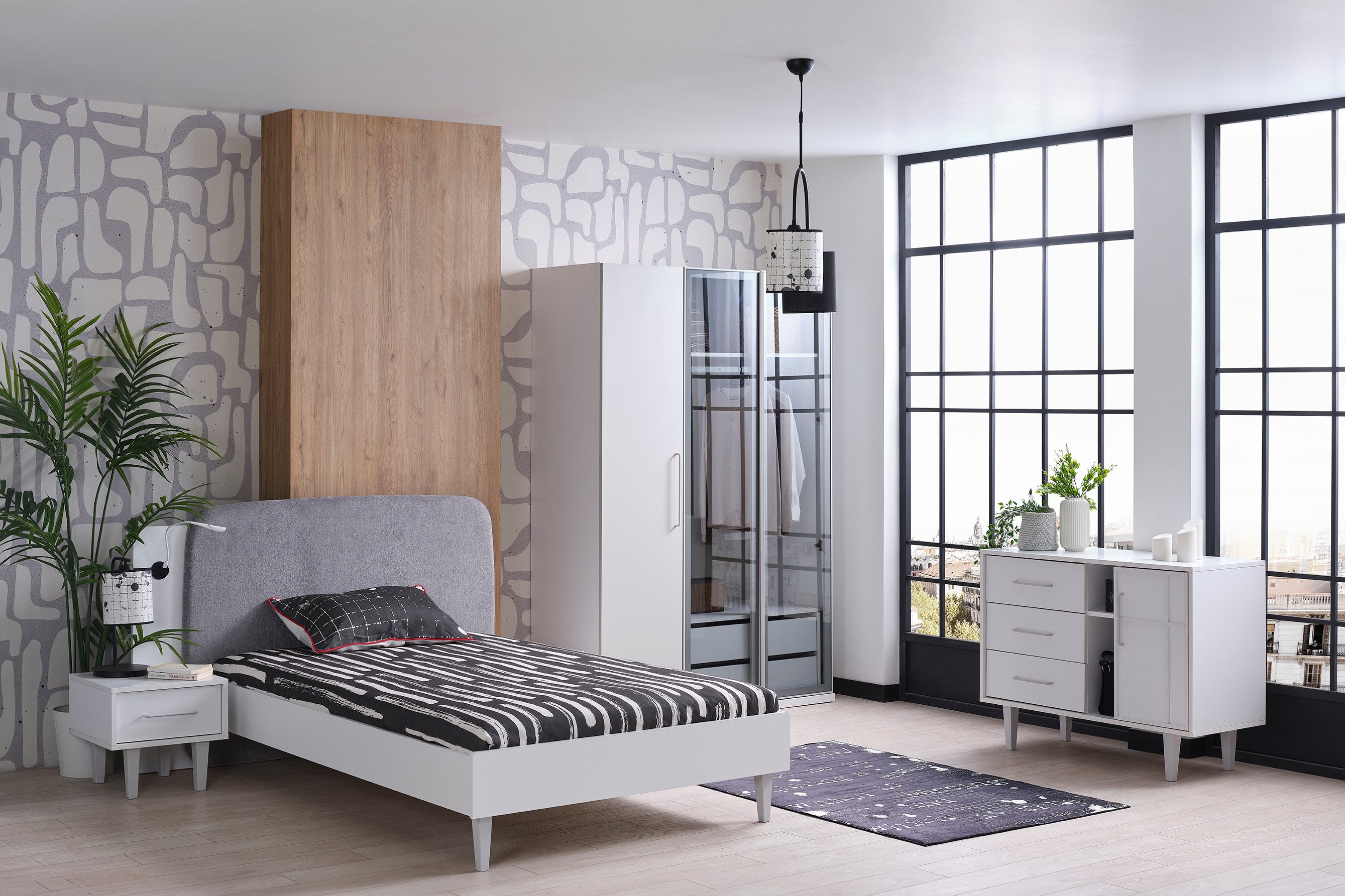 Möbel-Zeit Kleiderschrank LIKYA mit Glastüren – LED-Kleiderstange & Belüftung – Weiß