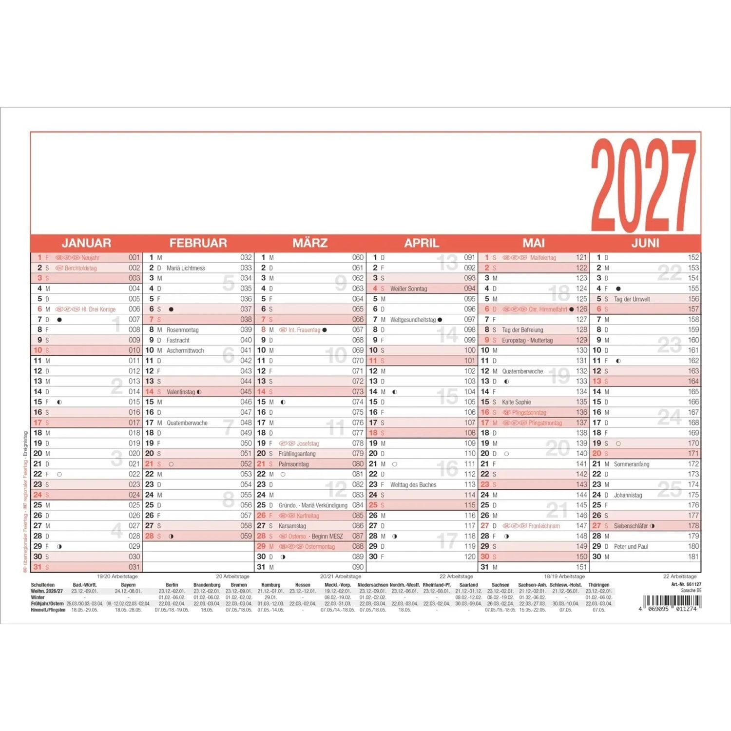 NEUMANN Wandkalender Arbeitstagekalender A4 2027