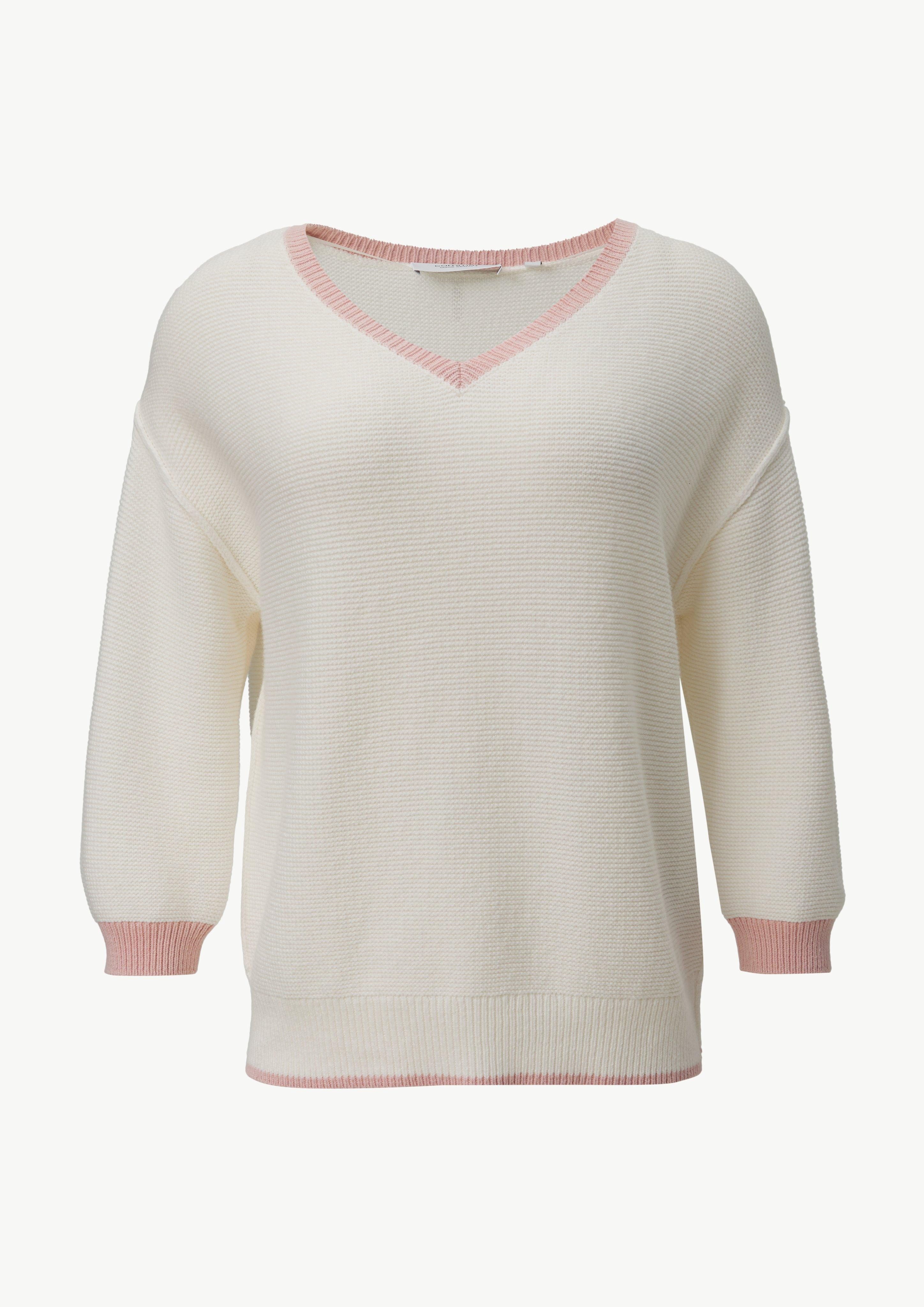 Langarmshirt Strickpullover mit V-Ausschnitt und Kontrastdetails
