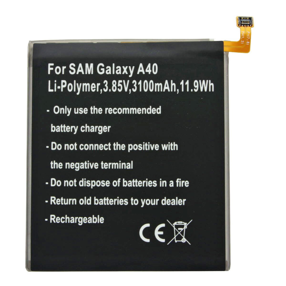 Akku passend für Samsung Galaxy A40, Li-Polymer, 3,85V, 3100mAh, 11,9 Akku