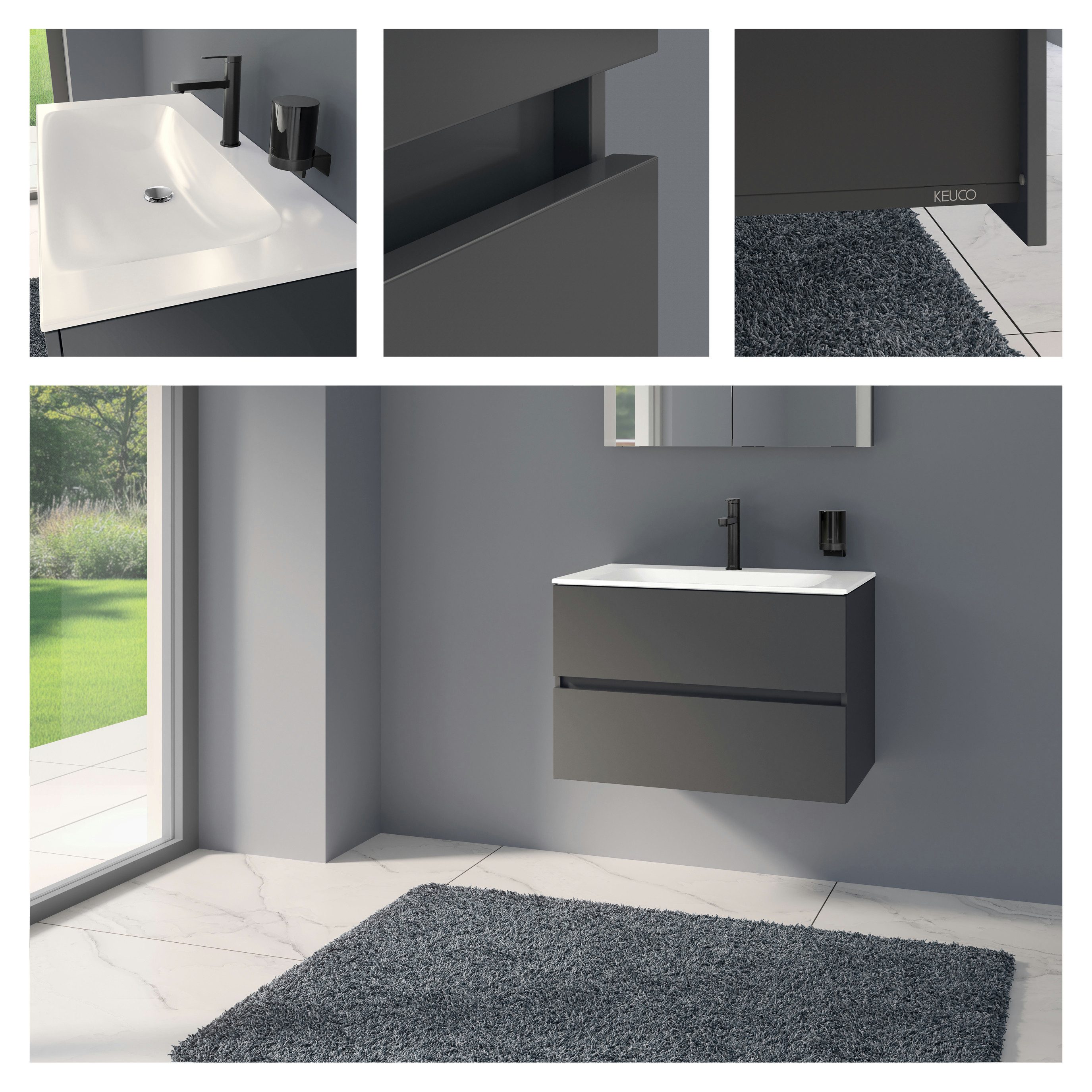 Keuco Badmöbel-Set Dalia aus Keramik-Waschtisch und Unterschrank, 80 cm, 2 Auszüge mit Softclose, Ablaufsystem, Wandmontage, anthrazit
