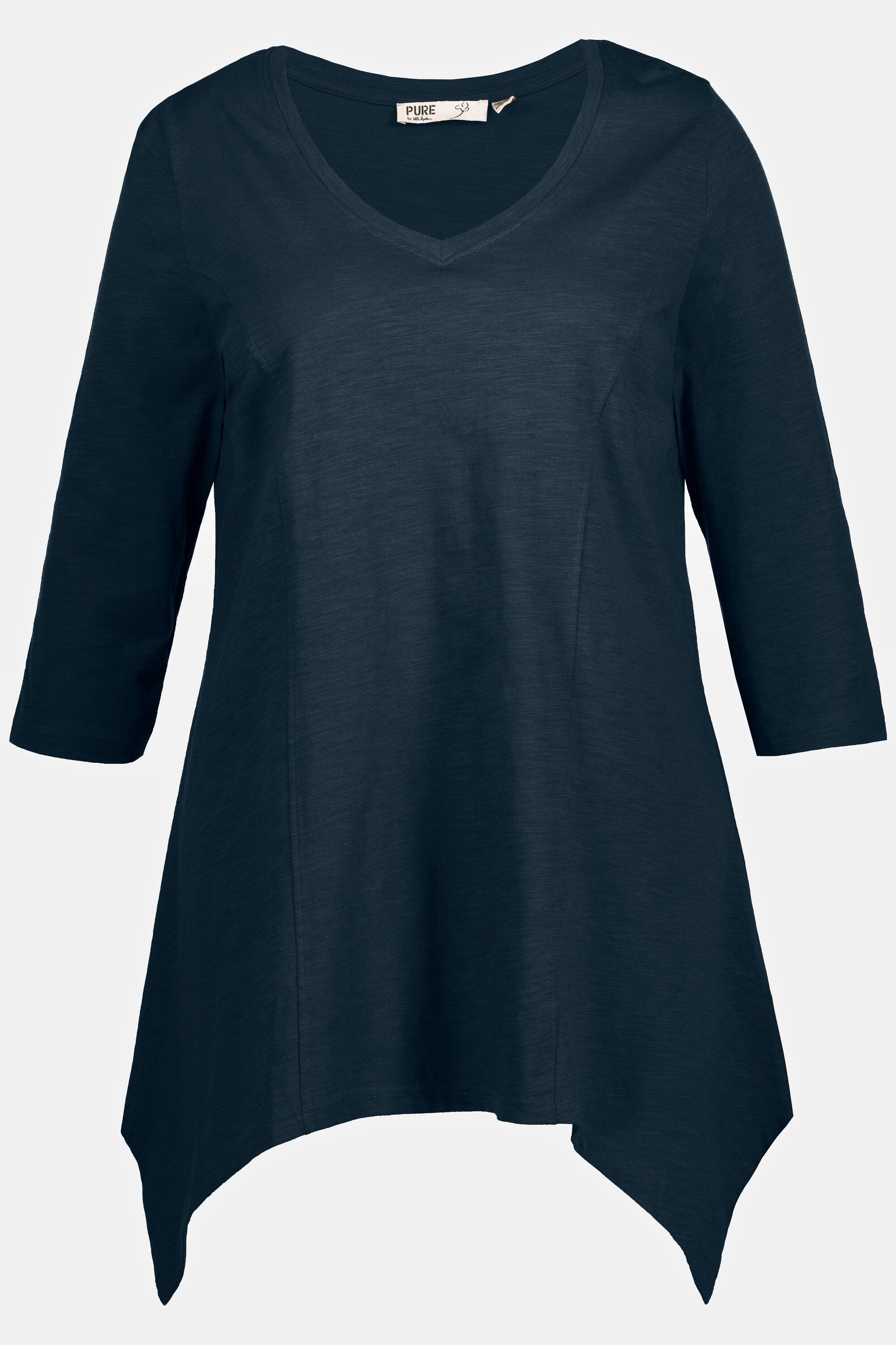 marine Ulla Rundhalsshirt Popken 3/4-Arm V-Ausschnitt Zipfelsaum Biobaumwolle Shirt