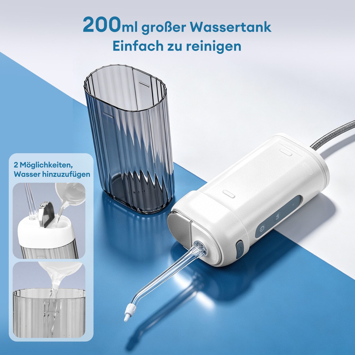 CkeyiN Munddusche Munddusche Mini Zahnzwischenraumreiniger Tragbar mit 4 Modi IPX7, Aufsätze: 5 St., 200ML versenkbarer Wassertank Reise Wasserzahnseide mit 5 E – Bild 4 von 5