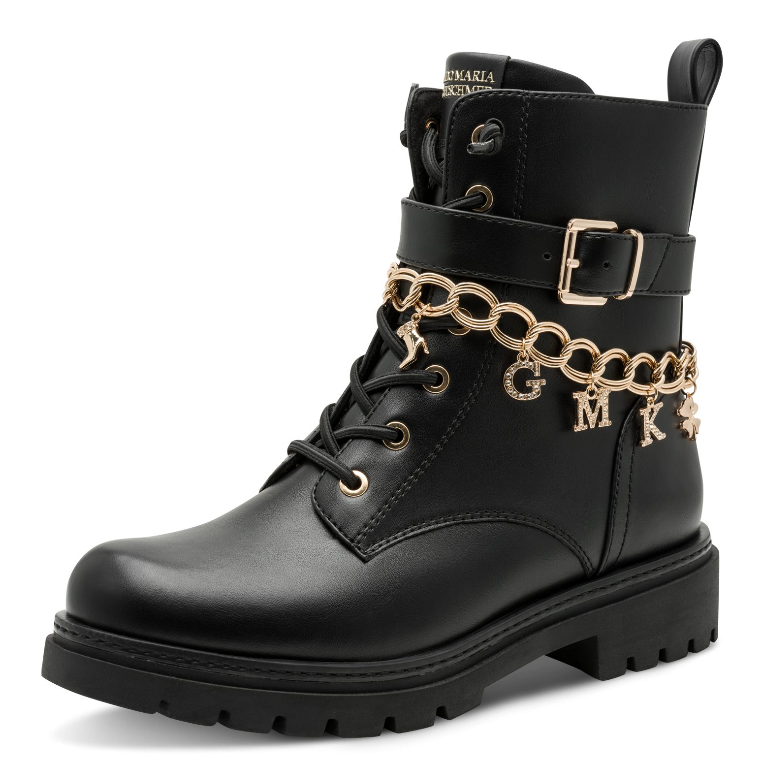 MARCO TOZZI by GMK Schnürstiefelette Blockabsatz, Schnürboots mit edler Zierkette mit GMK-Lettern