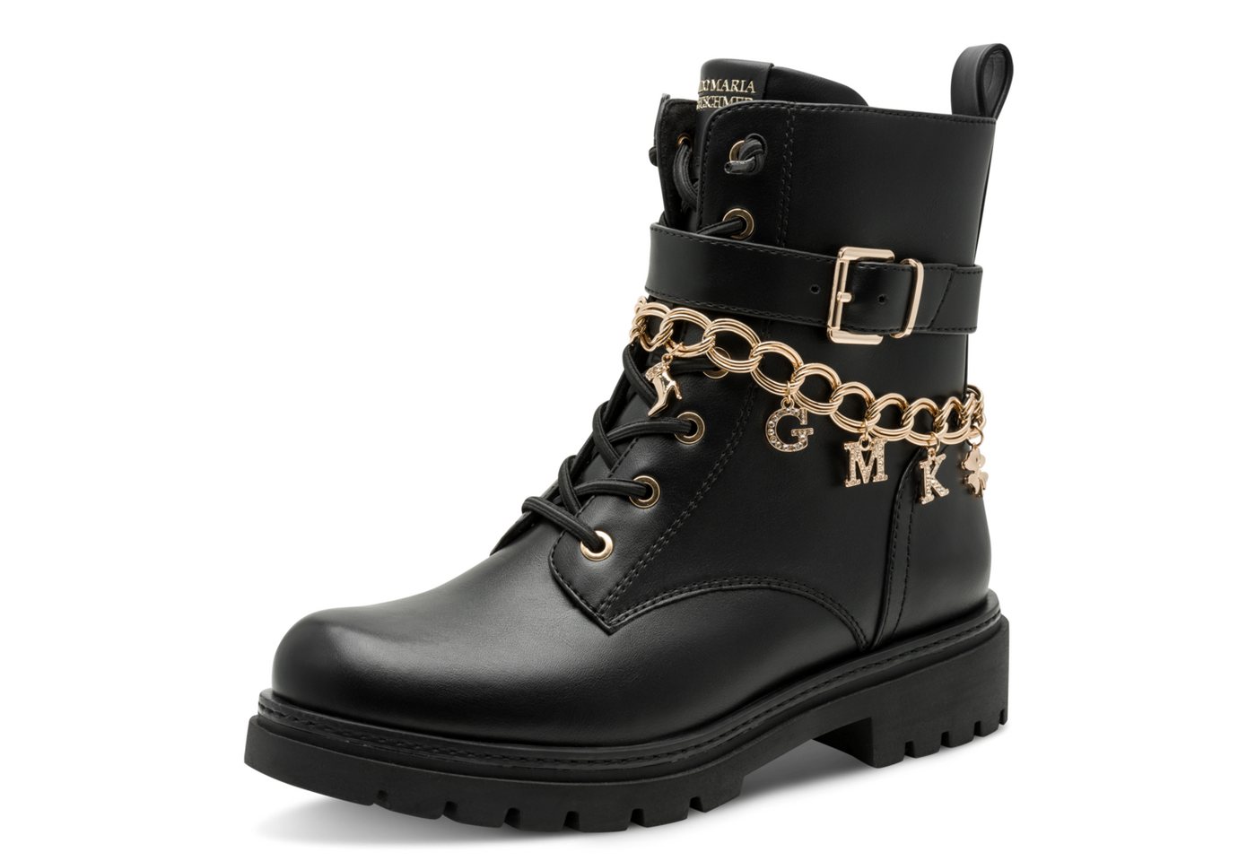 MARCO TOZZI by GMK Schnürstiefelette Blockabsatz, Schnürboots mit edler Zierkette mit GMK-Lettern