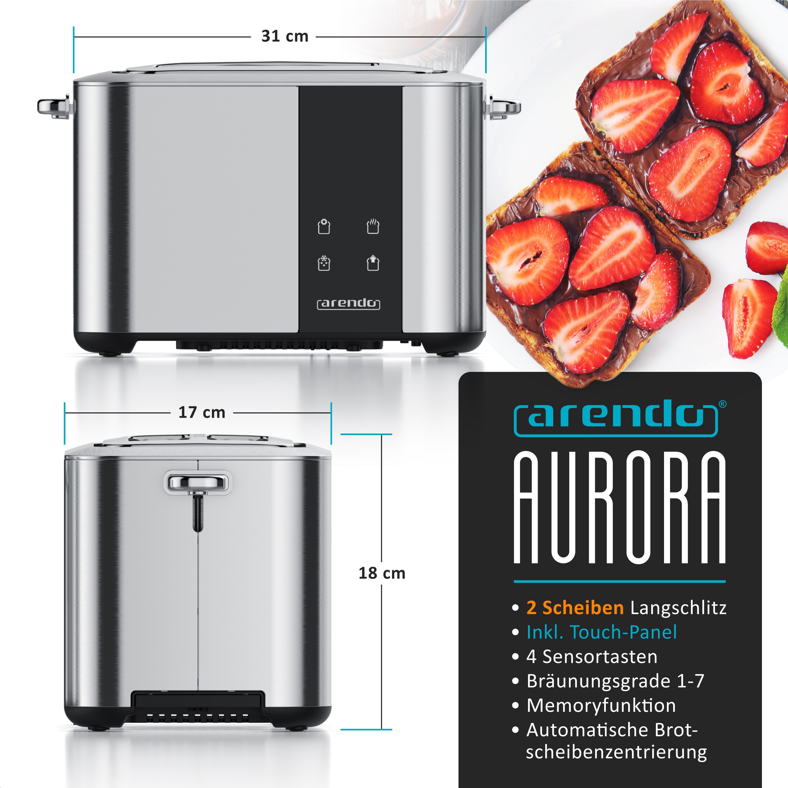 Arendo Toaster 2-Scheiben Edelstahl, Doppelwand, Krümelschublade, Brötchenaufsatz, 2 kurze Schlitze, für 2 Scheiben, 850 W, LED, Touchdisplay, 7 Bräunungsstufen, Auftau- & Aufwärmfunktion