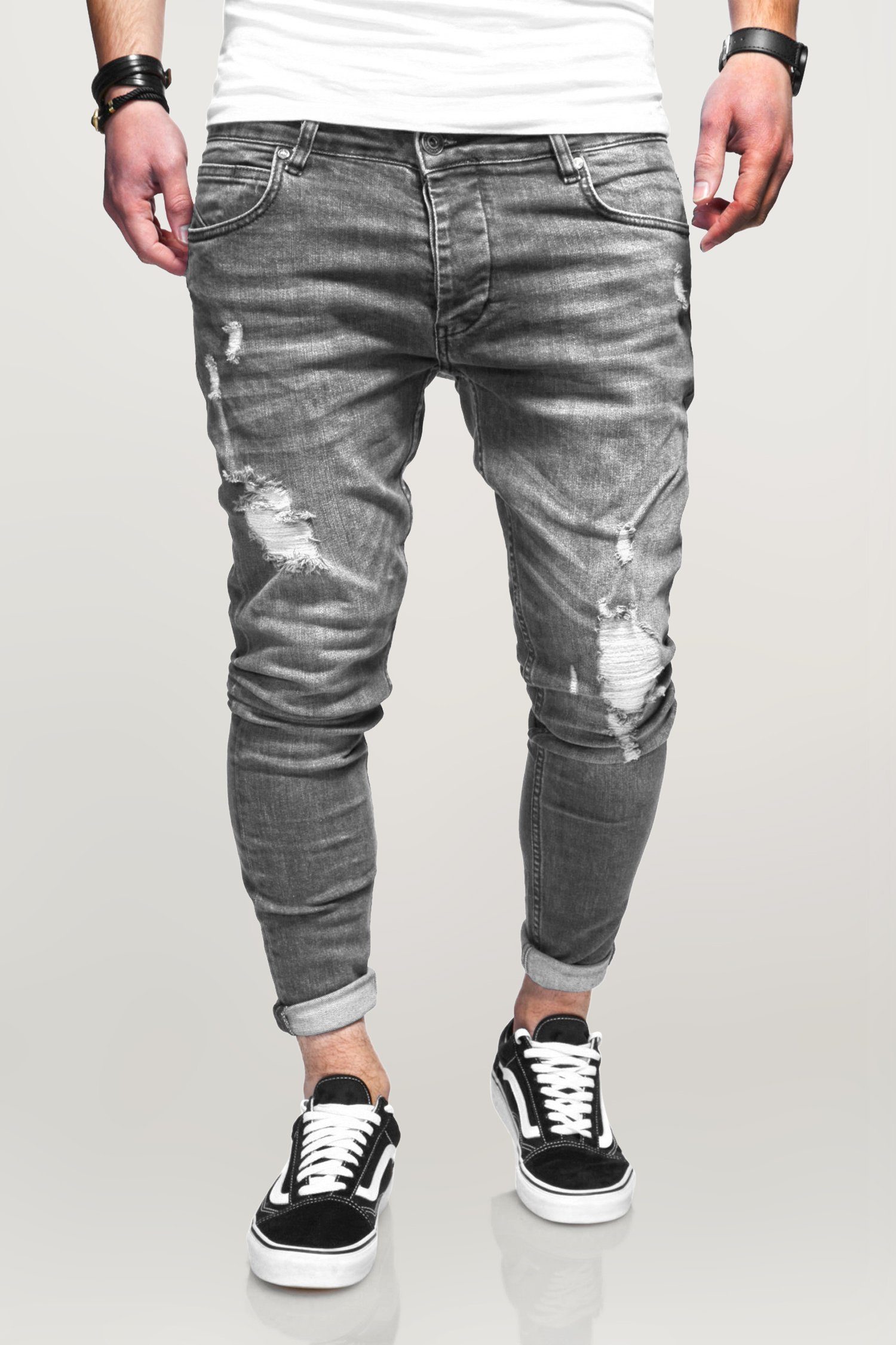 behype Slim-fit-Jeans ODIN mit grau Destroyed-Parts