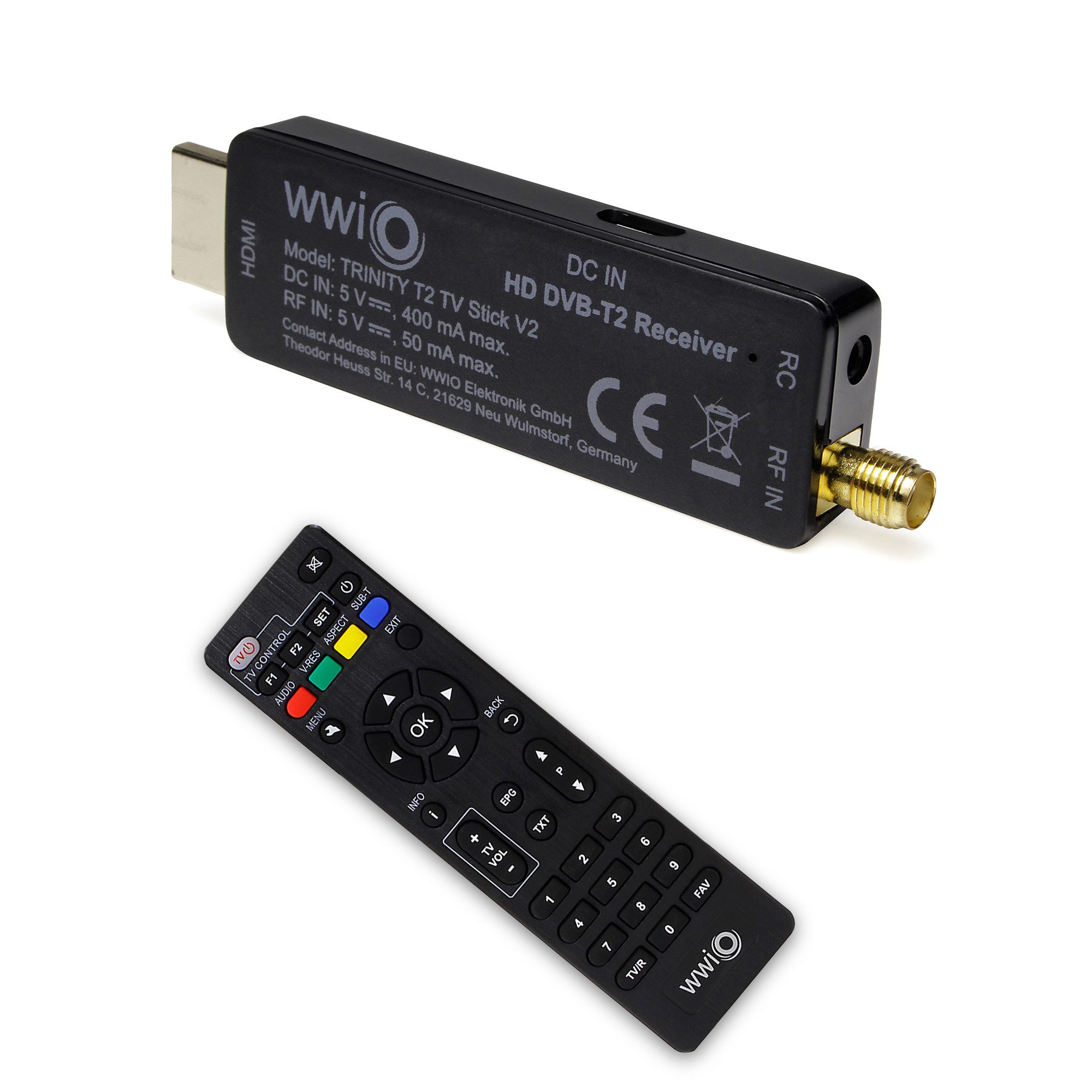 WWIO TRINITY T2 TV Stick V2 - Mini-Receiver DVB-T2 HD Receiver (Mini-Receiver für digitales Antennenfernsehen – für TV und Beamer)