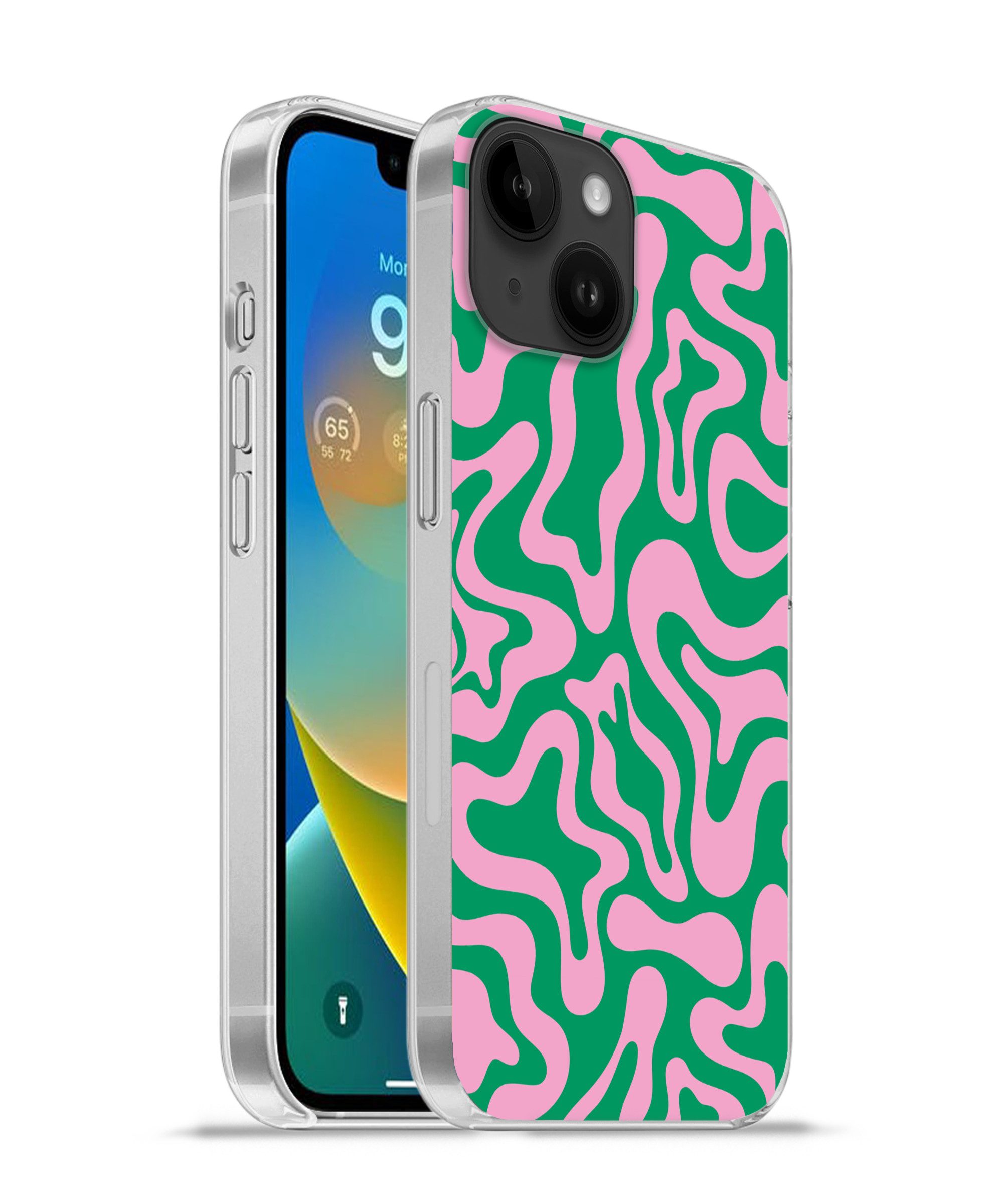 MuchoWow Handyhülle für Apple iPhone 14 Abstrakt - Muster - Grün - Rosa - Farbenfroh, Smartphone-Bumper, Print, Handy Schutzhülle Dünn