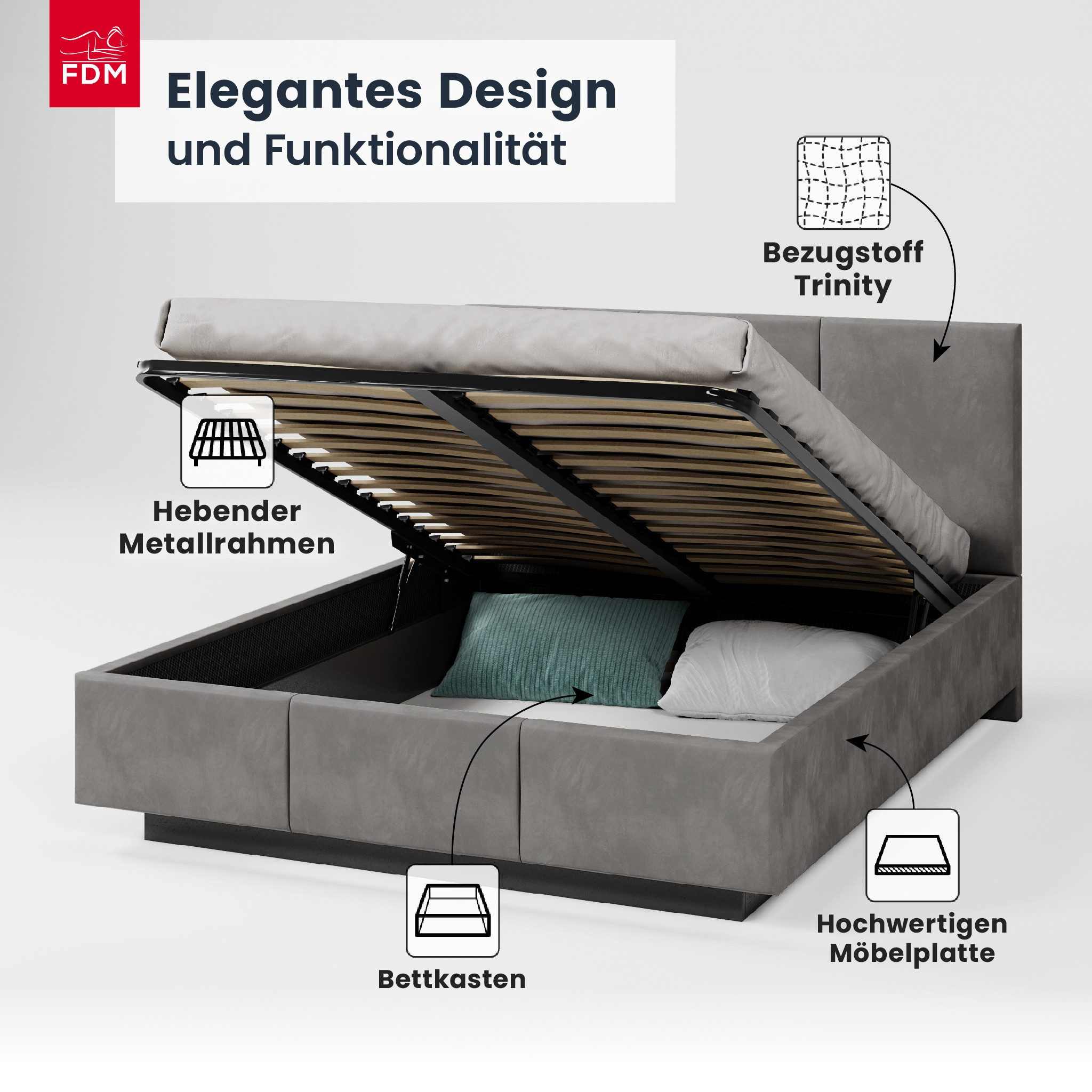 FDM Polsterbett ALMADA modern mit Bettkasten MADE IN EU - mit Trinity Velours Bezug (verfügbar 90x200 120x200 140x200 160x200 180x200cm, Bettrahmen, Bett, mit großen gepolsterten Kopfteil, mit Bettkasten zum aufklappen), Hebbarer Metallrahmen, Bettkasten, mit/ohne Matratze