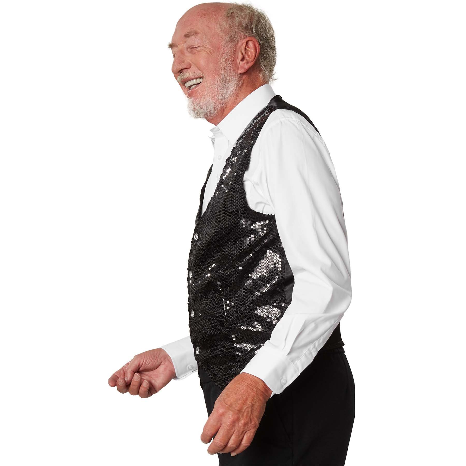 dressforfun Anzugweste Gilet, Hoher Tragekomfort, perfekter Sitz, Herren-Weste einfarbig (Festweste, Konfektionsgröße M in schwarz) Vorn mit glitzernden Paillet – Bild 5 von 5
