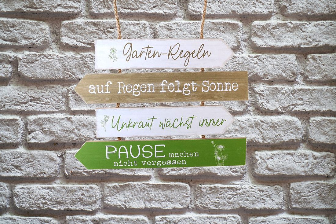 LB H&F Lilienburg Metallschild Holzschild Gartenregeln / 4 Sprüchen Schild Garten Regen folgt Sonne, (garten regeln spruch lustig geschenk gartendeko poster bild blechschild dekoschild regen pusteblume sonnenblume, gartenschild geburtstag sprüche kräuter pflanzen), 4 Sprüche