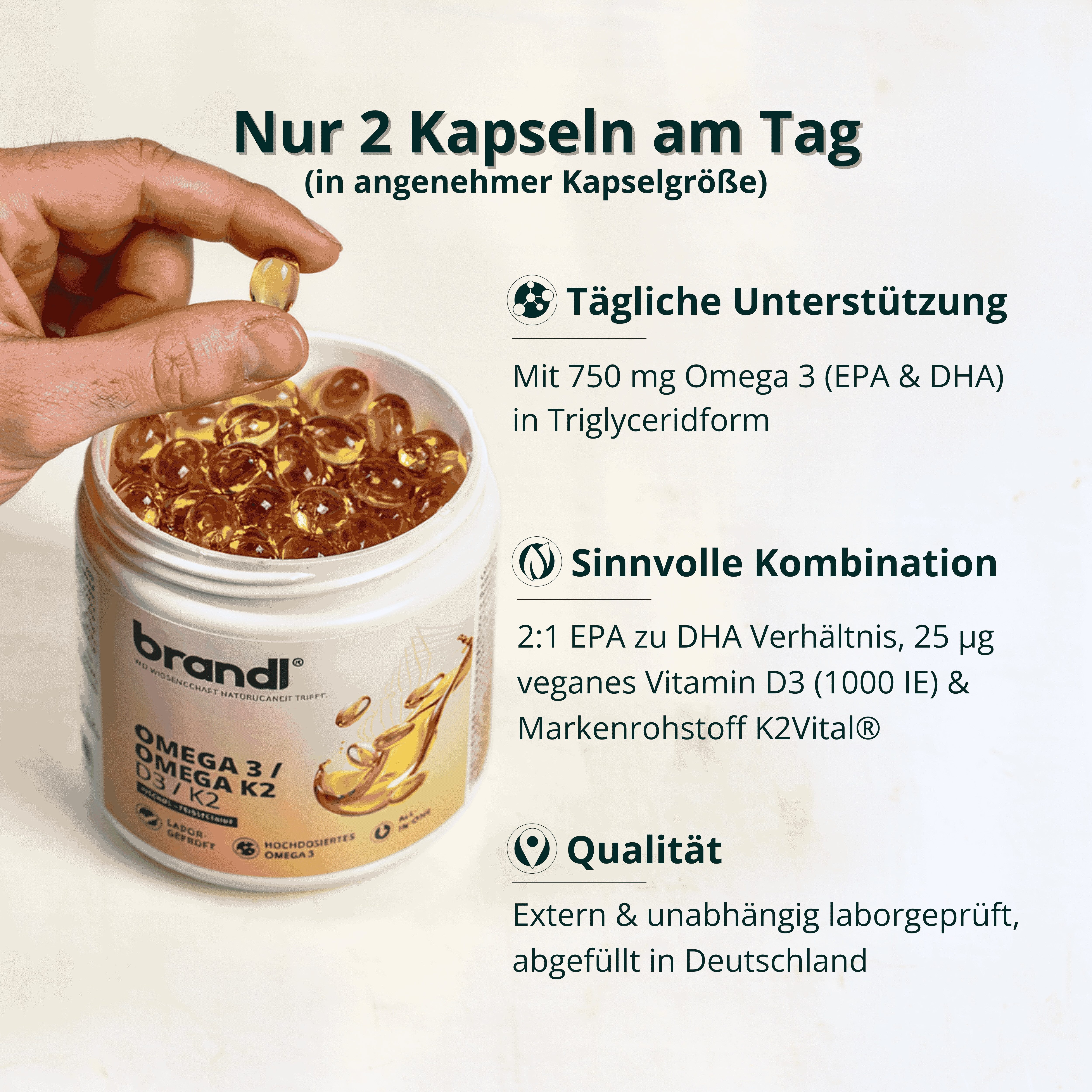 Brandl Nutrition Omega D3 K2 Kapsel hochdosiert, Premium Omega 3 mit Fischöl aus der EU Kapseln, Vitamin D3 aus Flechten, gute Kapselgröße, unabhängig laborgeprüft