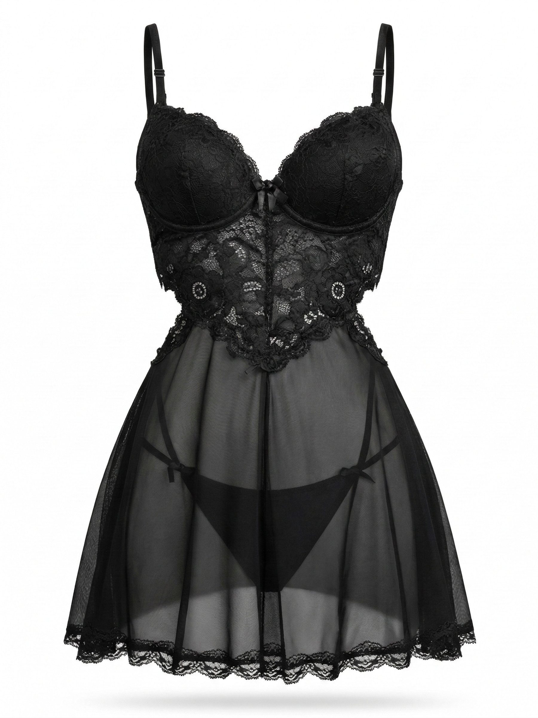 Elegant Love Negligé Reizwäsche für Damen – Transparentes Babydoll Nachtkleid mit Spitze (Set, 2-tlg., Kleid mit passendem String) Dessous für besondere Momente – Romantische Nachtwäsche