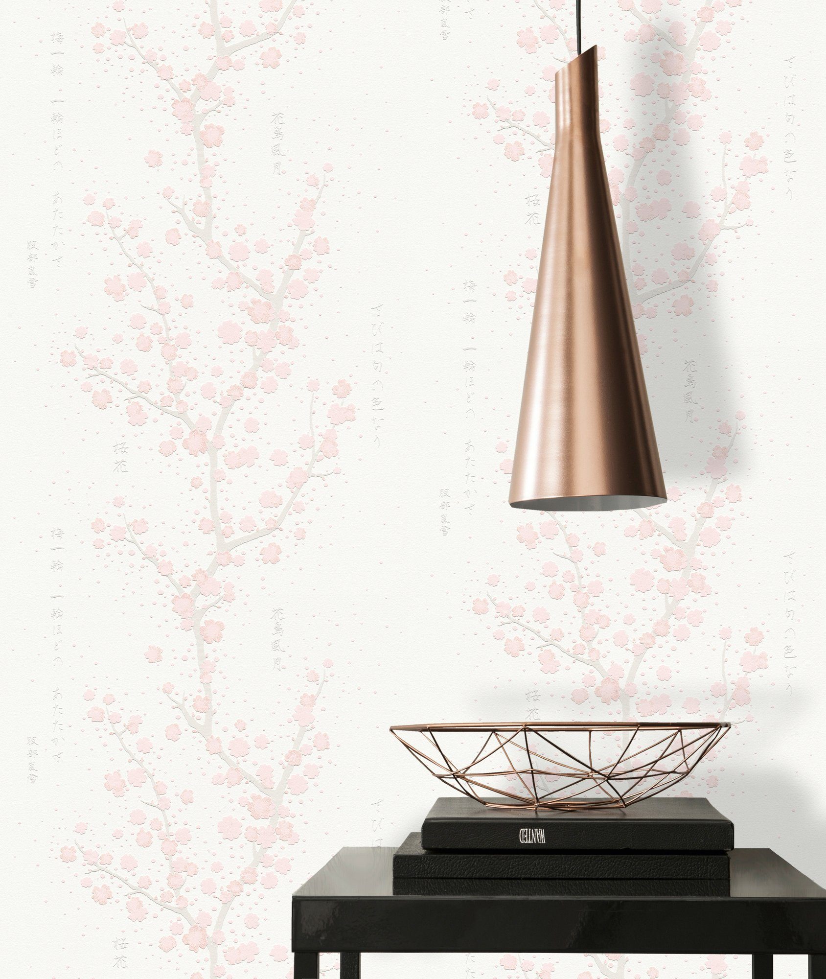 Schrift, Fusion, floral, Vliestapete Tapete Création A.S. Japanisch mit Asian Blumentapete asiatisch, aufgeschäumt, weiß/rosa/hellgrau