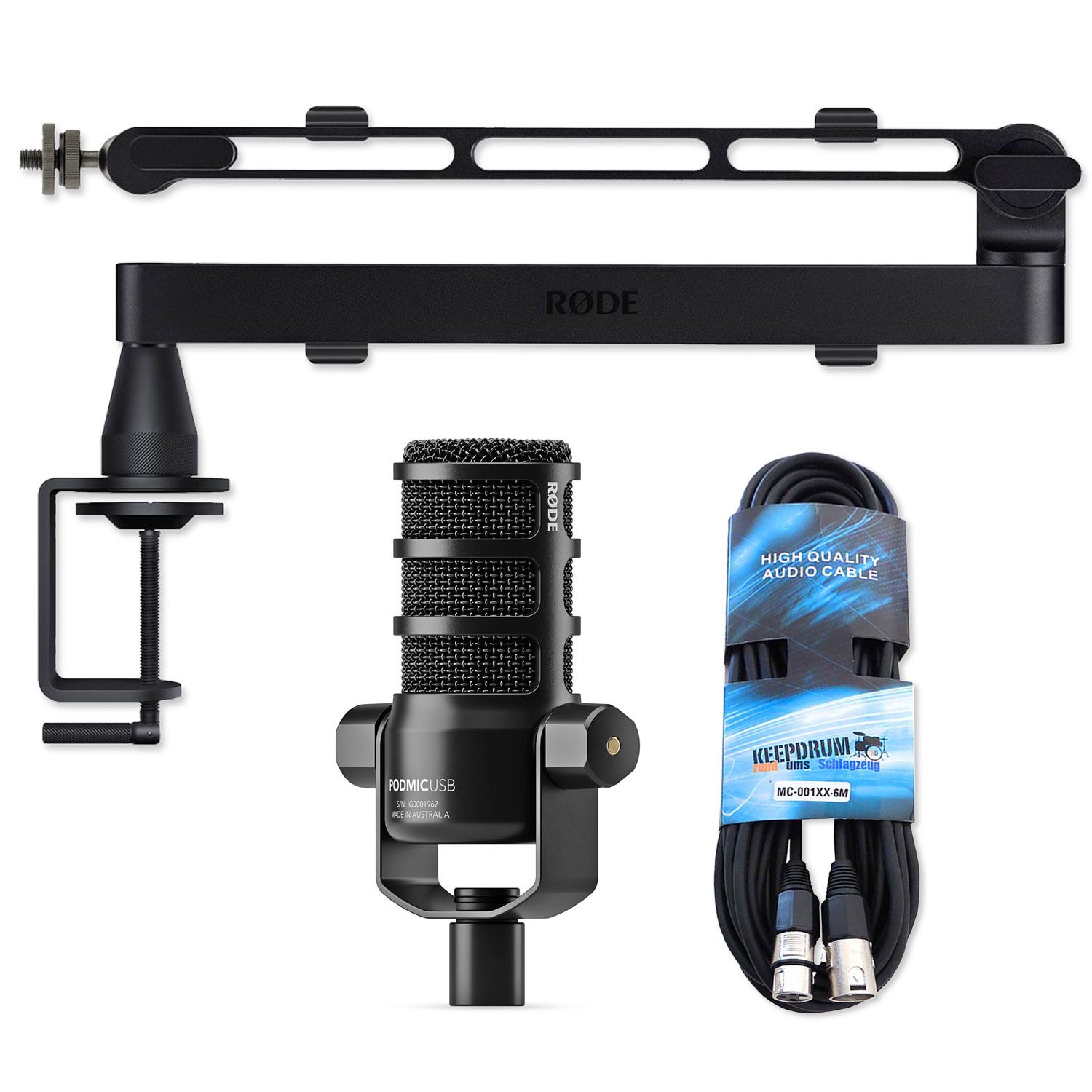 RØDE Mikrofon Rode Mikrofon Podmic USB mit Mikrofonarm LPA1 und Kabel (Vorteils-Set mit Mikrofonarm LPA1 und Kabel, 1-tlg), Mikrofon