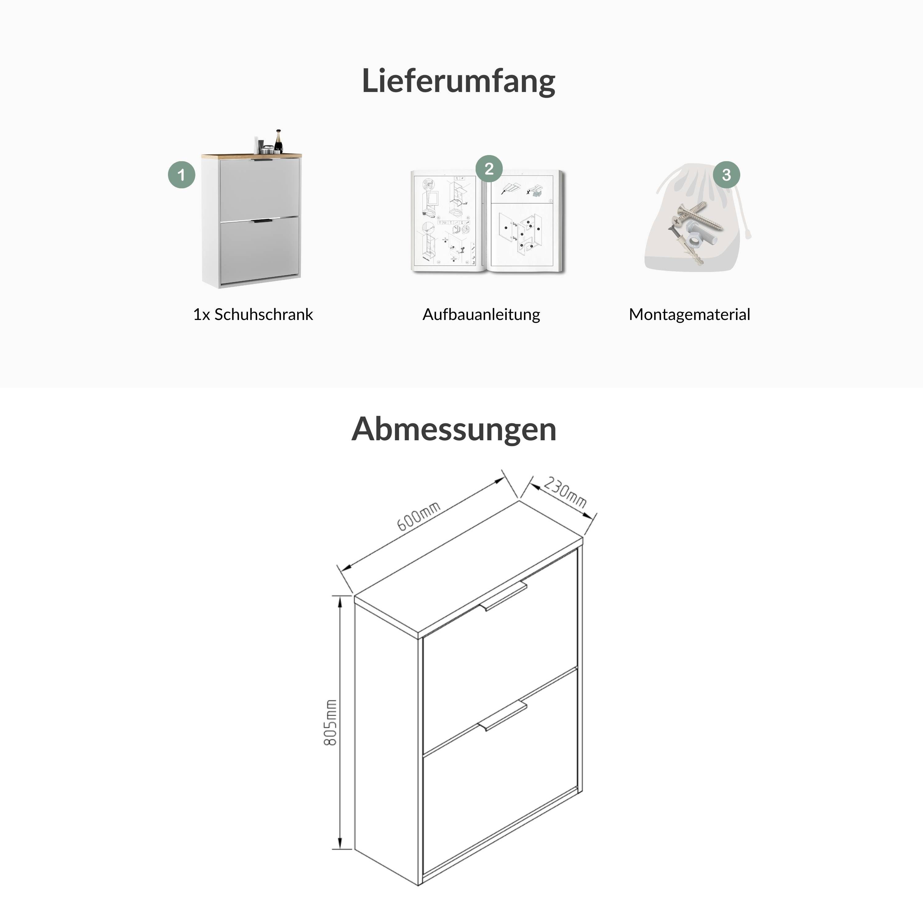 Planetmöbel Schuhschrank STIVIO Schuhschrank 2 Klappen (Schuhschrank für Flur & Garderobe, Wandmontage oder stehend) passend für 8-12 Paar Schuhe