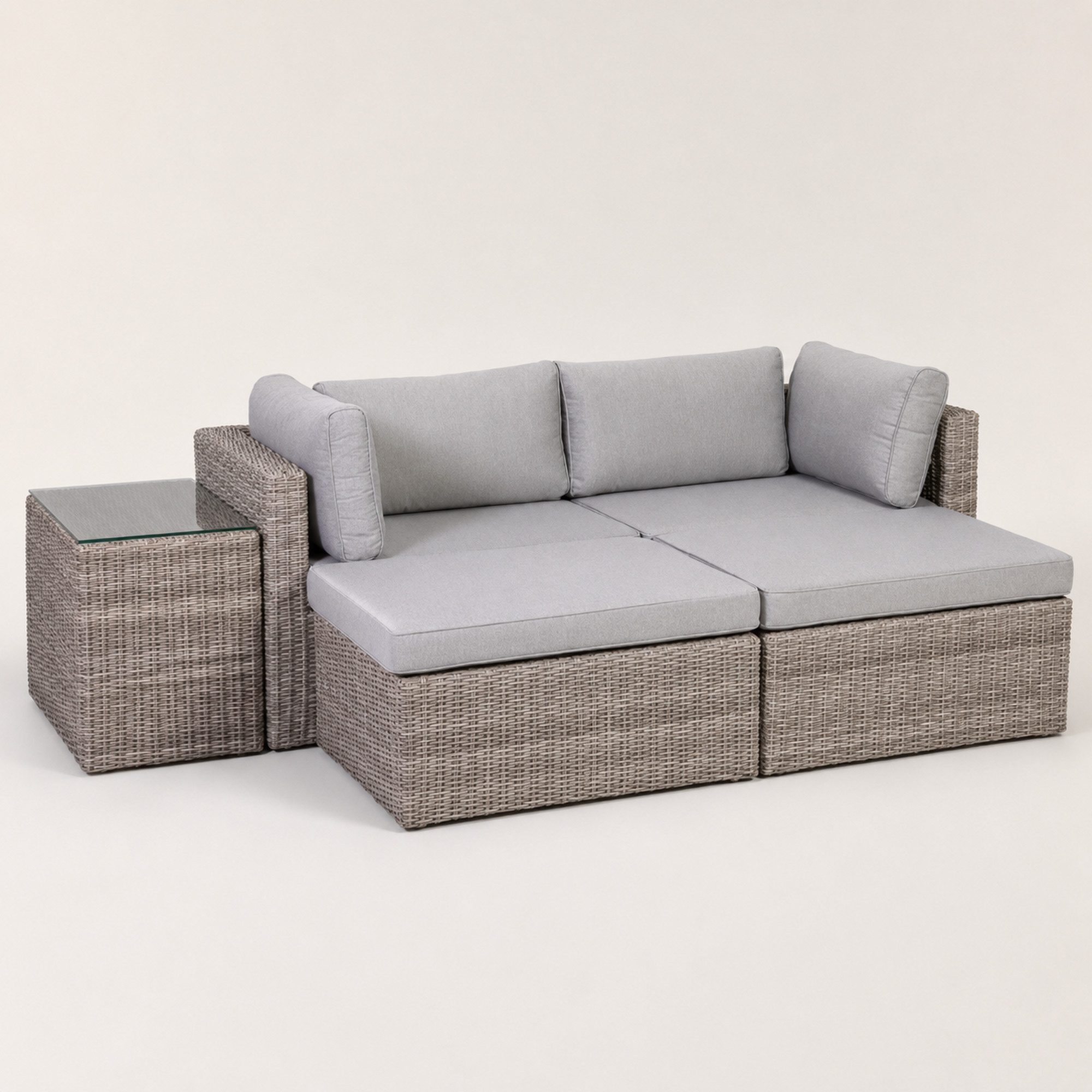 Greemotion Gartenlounge-Set Rattanlounge Olea 5-teilig. Loungeset Rattan mit Auflagen & Glastisch