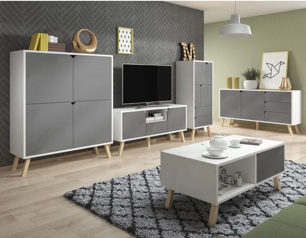 DB-Möbel Wohnzimmer-Set Salon Möbelset KOBE in matt Weiß und Grau 5-teilig Weiß/Grau