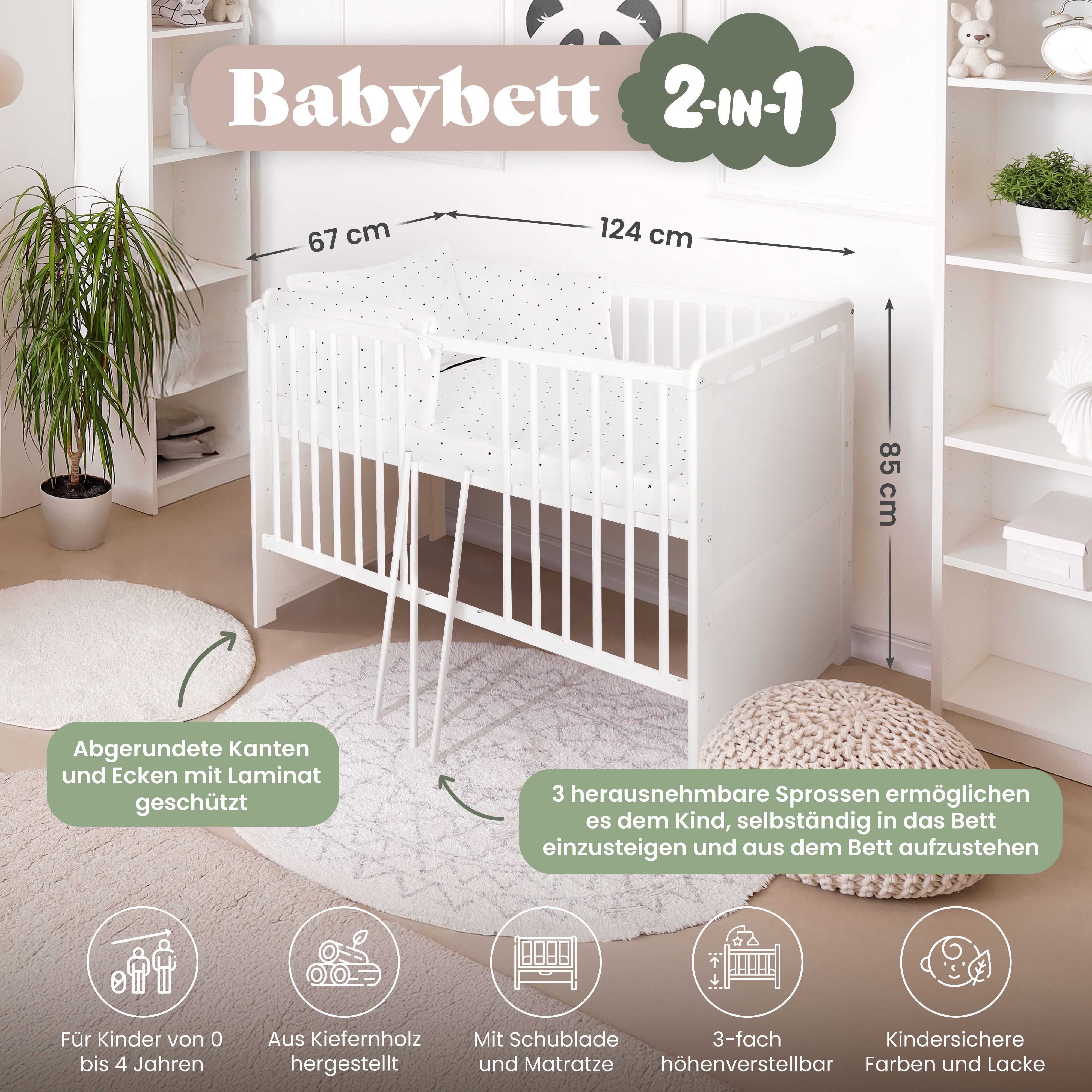 iGLOBAL Babybett Gitterbett 2 in 1 umbaubar zum Kinderbett 120x60 cm aus Ki günstig online kaufen