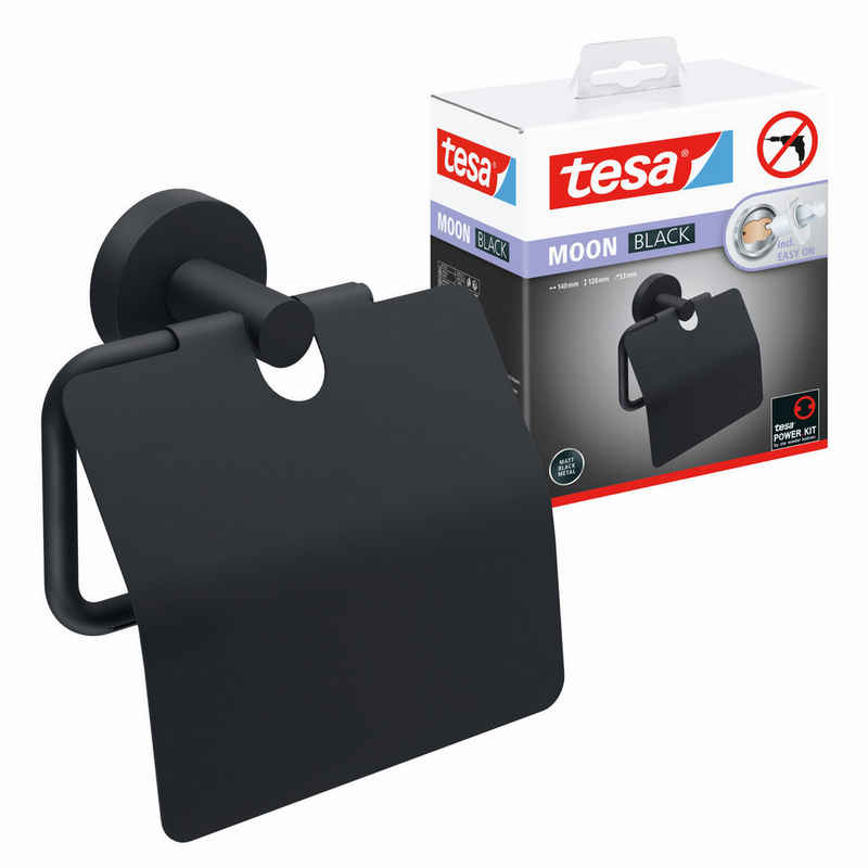 tesa Toilettenpapierhalter 1 x MOON BLACK WC-Papierrollenhalter mit Deckel (Komplett-Set, 2-St., inkl. Klebelösung), schwarz matt - 5,3 cm : 14 cm : 12,8 cm