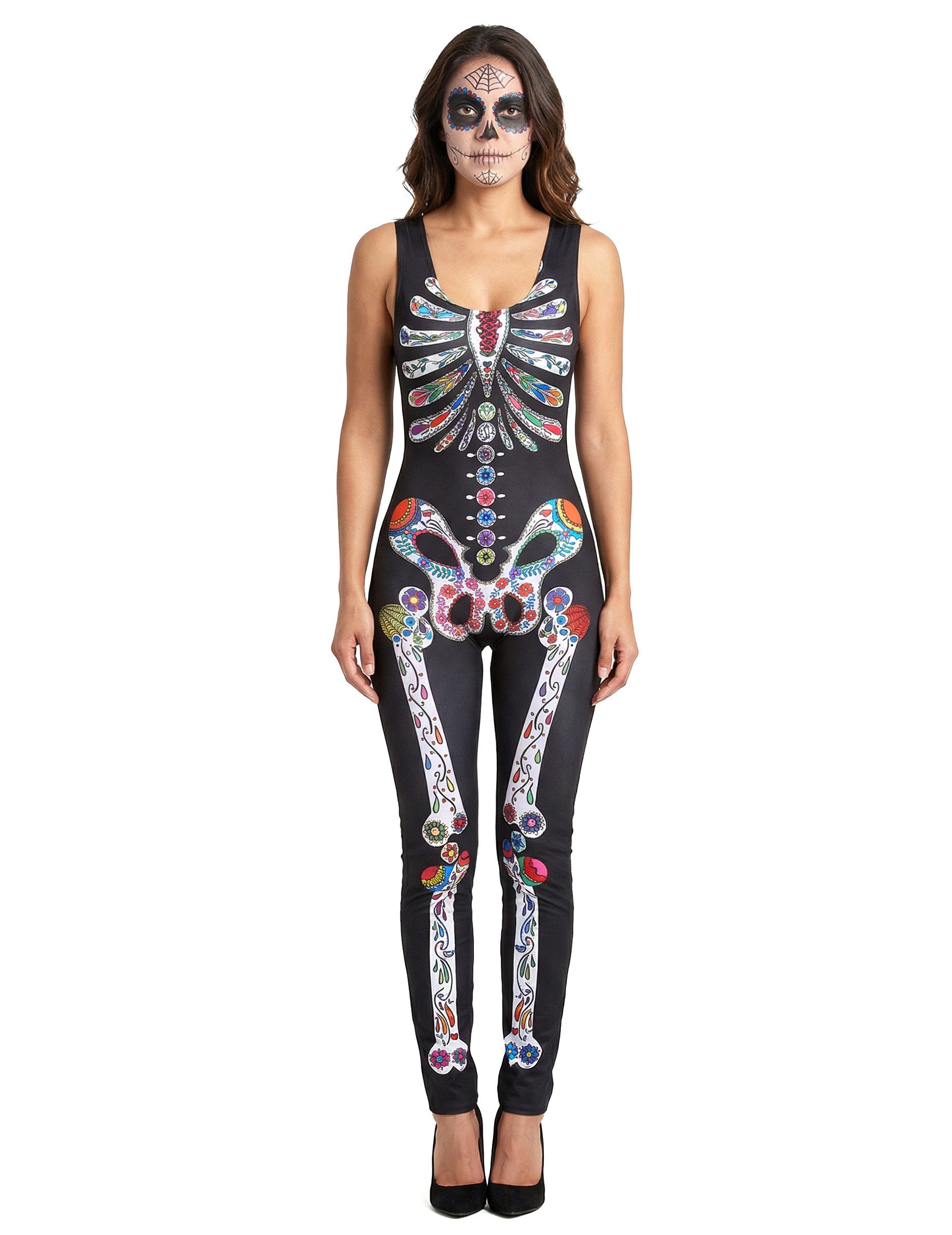 Kostüm Tag der Toten Skelett Damenkostüm Jumpsuit schwarz-bunt
