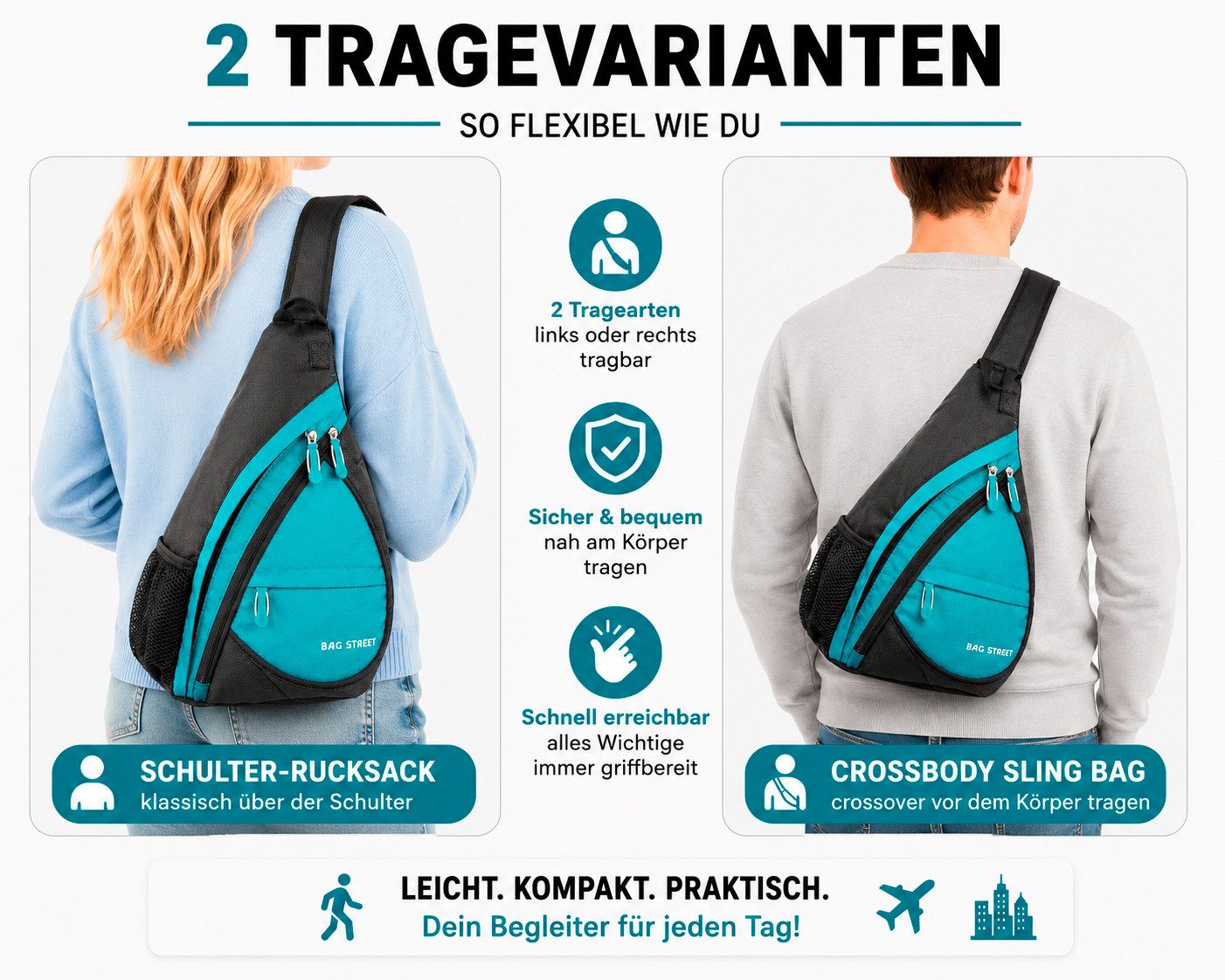 BAG STREET INTERNATIONAL Daypack Sling Bag Crossbody Schulterrucksack mit Sicherheitsfach Leicht Alltag