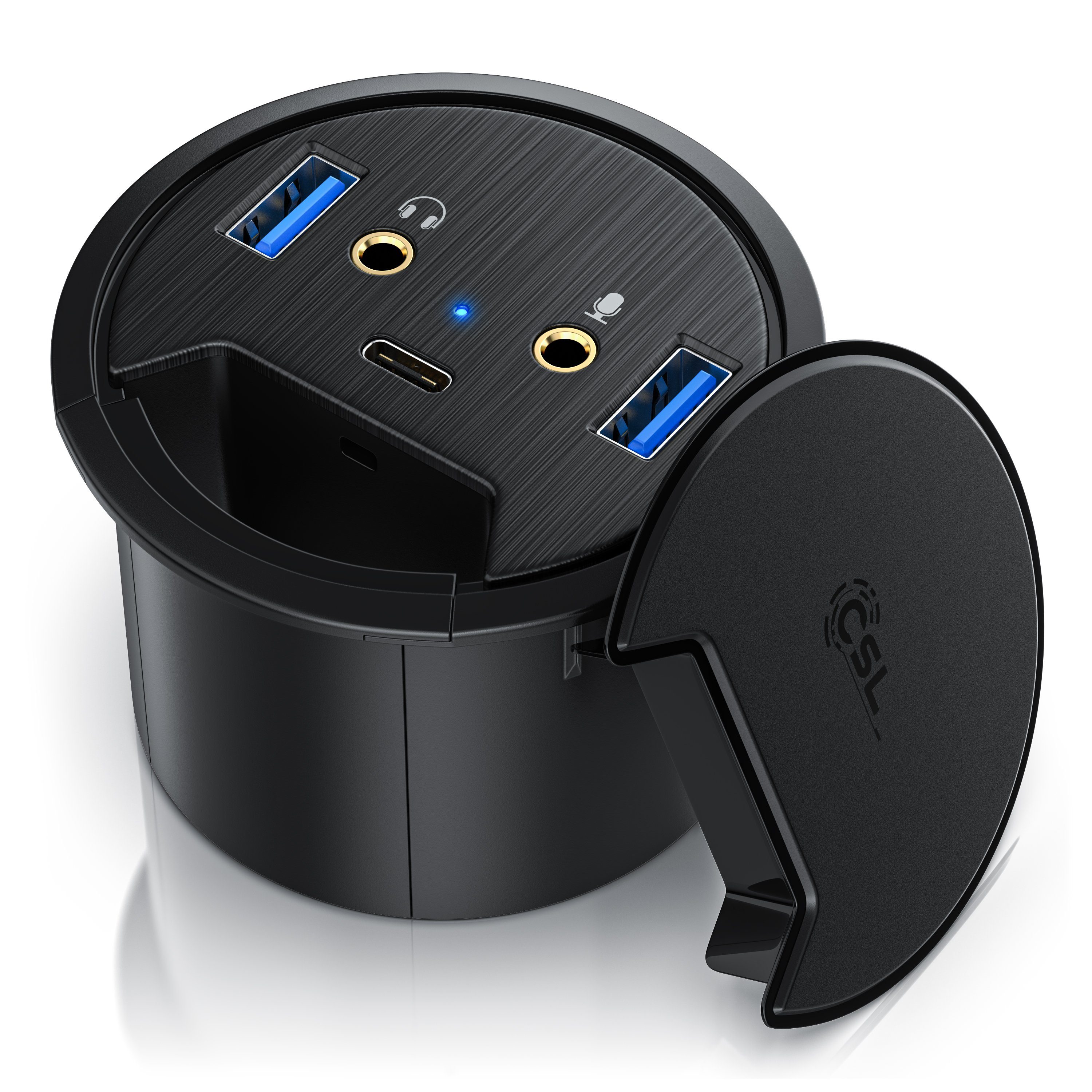 CSL Tisch Kabeldurchführung Hub 2x USB 3.2 Gen1 Typ A, 1x USB-C, 2x 3,5mm Computer-Adapter, Tischkabeldose, Klinke AUX Audioanschlüsse für Lautsprecher & Mikrofon