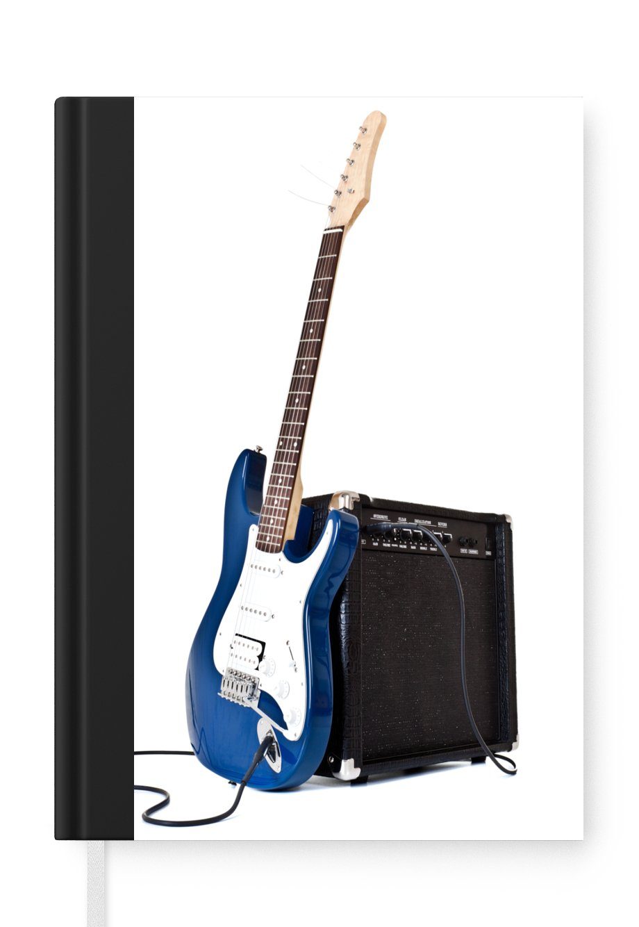 MuchoWow Notizbuch Eine E-Gitarre, die an einen Verstärker gelehnt ist, Journal, Merkzettel, Tagebuch, Notizheft, A5, 98 Seiten, Haushaltsbuch