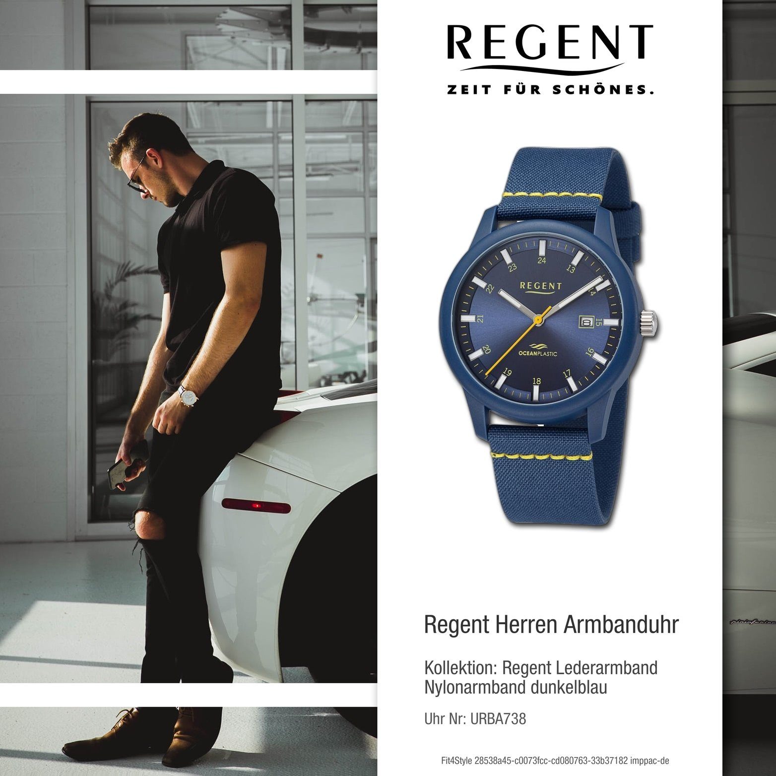 Regent Quarzuhr Regent Herren Armbanduhr dunkelblau, Analog, gelb, Nylonarmband (40mm) Gehäuse, groß rundes Herrenuhr