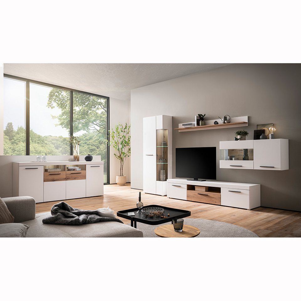 lomadox wohnzimmer-set sutton-61, (mega-spar-set, 5-st., sideboard lowboard  vitrine wandboard hängevitrine), weiß matt eiche tv-wohnwand mit 205 cm