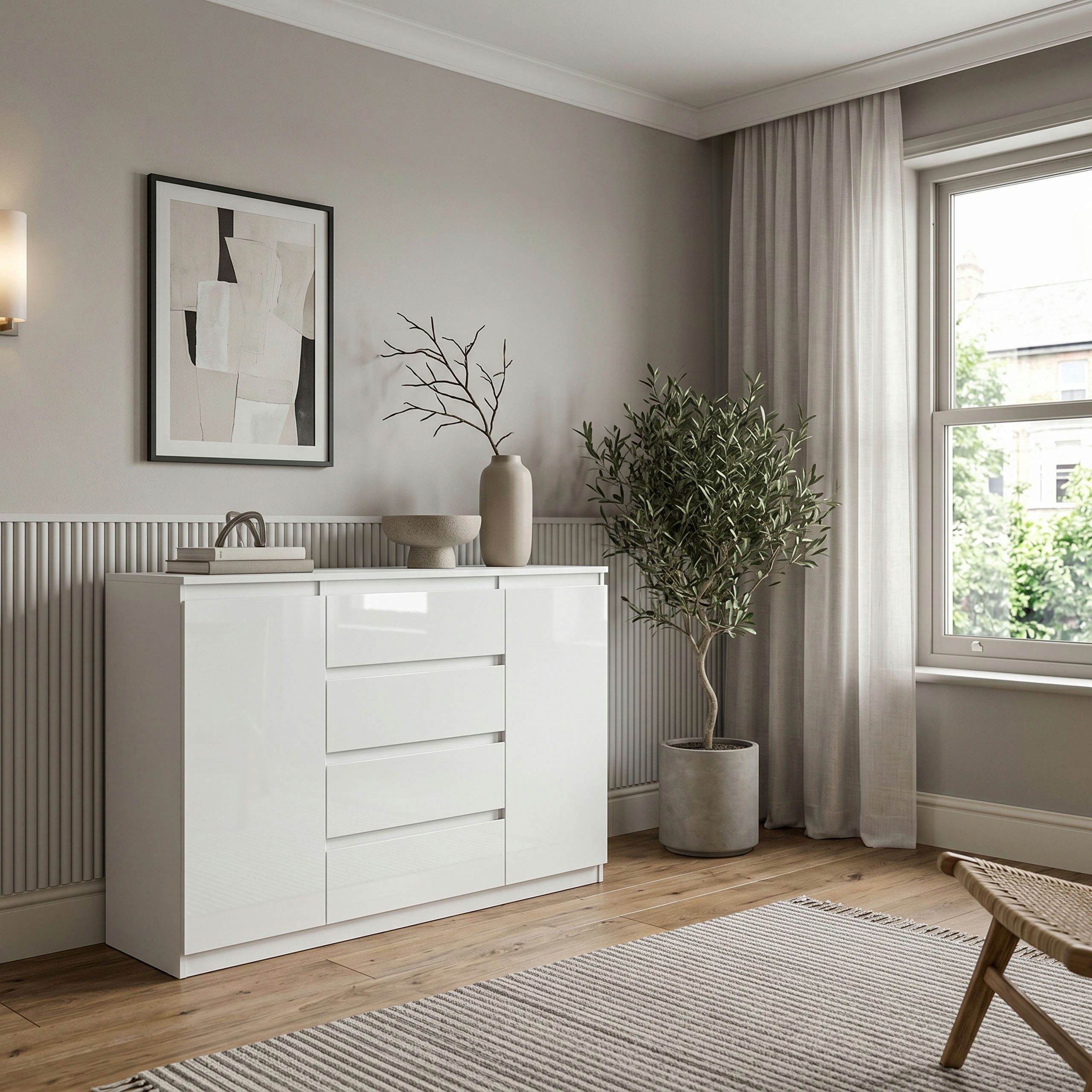 Masseno Kommode NUDO 120 cm Sideboard mit 4 Schubladen und 2 Türen Weiß – Bild 5 von 5
