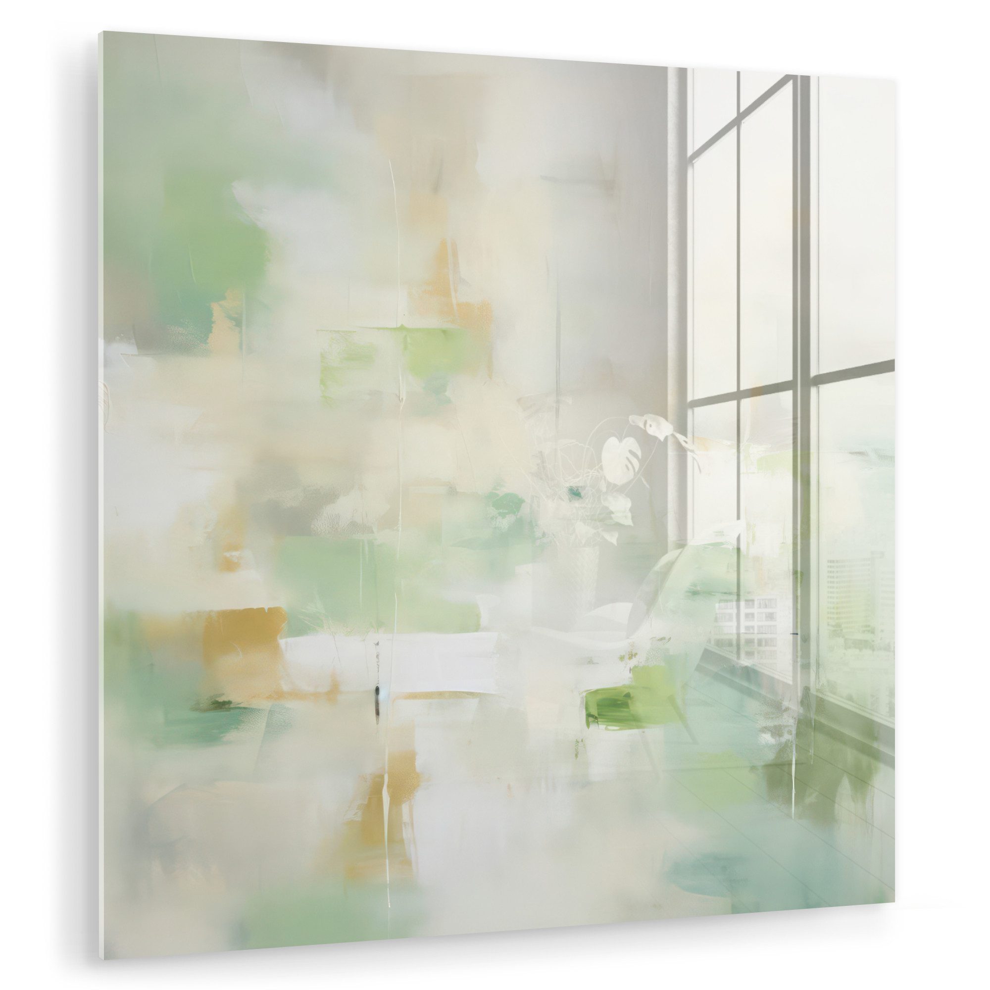 MuchoWow Acrylglasbild Abstrakt - Kunst - Weiß - Grün - Modern, Inkl. Aufhängung, Bilder auf Glas Wandbild, Wanddeko Wohnzimmer Badezimmer, 20x20 cm