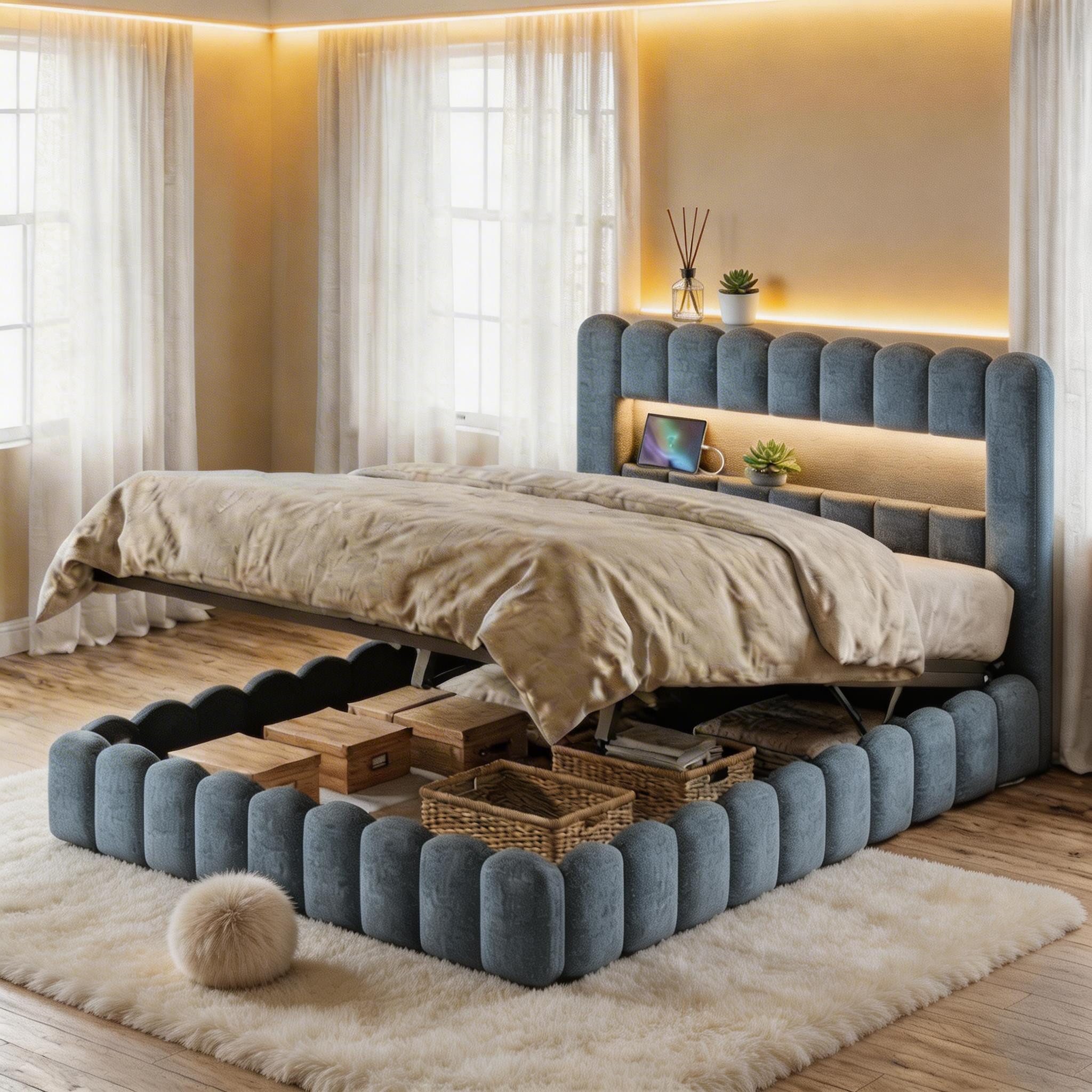 PXloue Polsterbett Doppelbett Jugendbett (ohne Matratze), Stauraumbett, Bettkasten, LED-Beleuchtung, USB-Anschluss, 180x200 cm