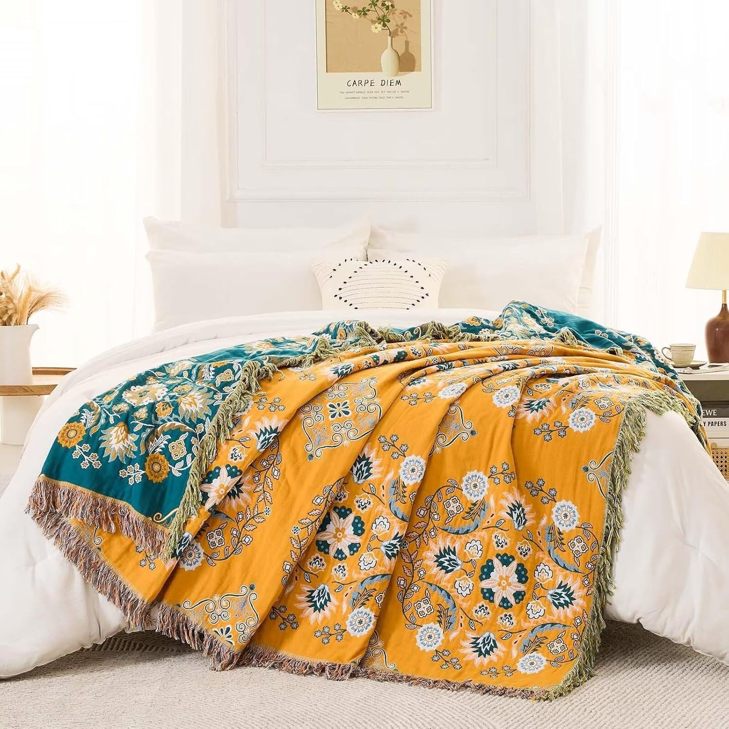Wohndecke Wendbare Baumwolldecke Bauernhaus Boho Stil 152x203cm weich dekorativ, FELIXLEO – Bild 5 von 5