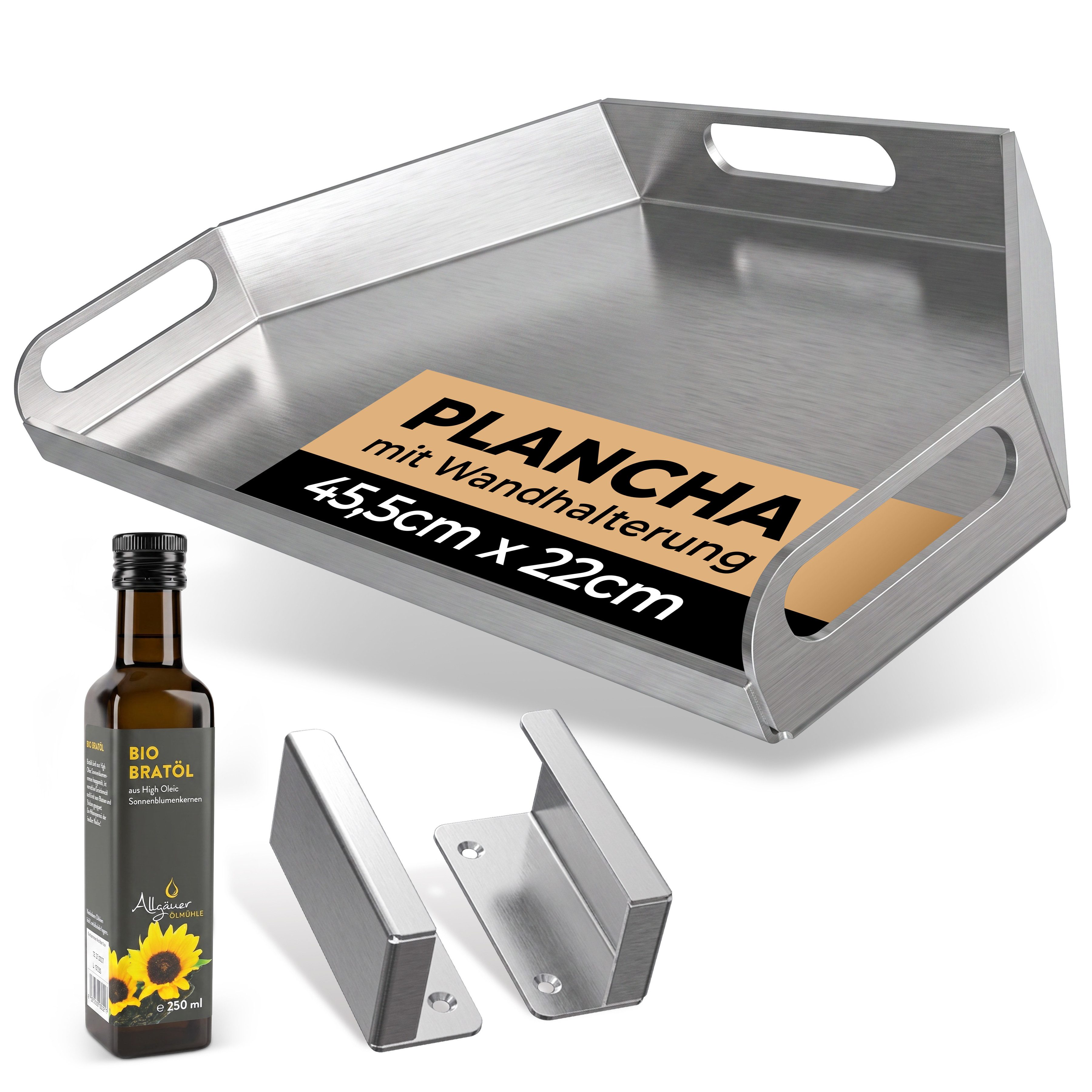 sortiQ Grillplatte Planchaplatte, 4 mm V2A Edelstahl, Wandhalterung, Tragegriffe, 3 Modelle